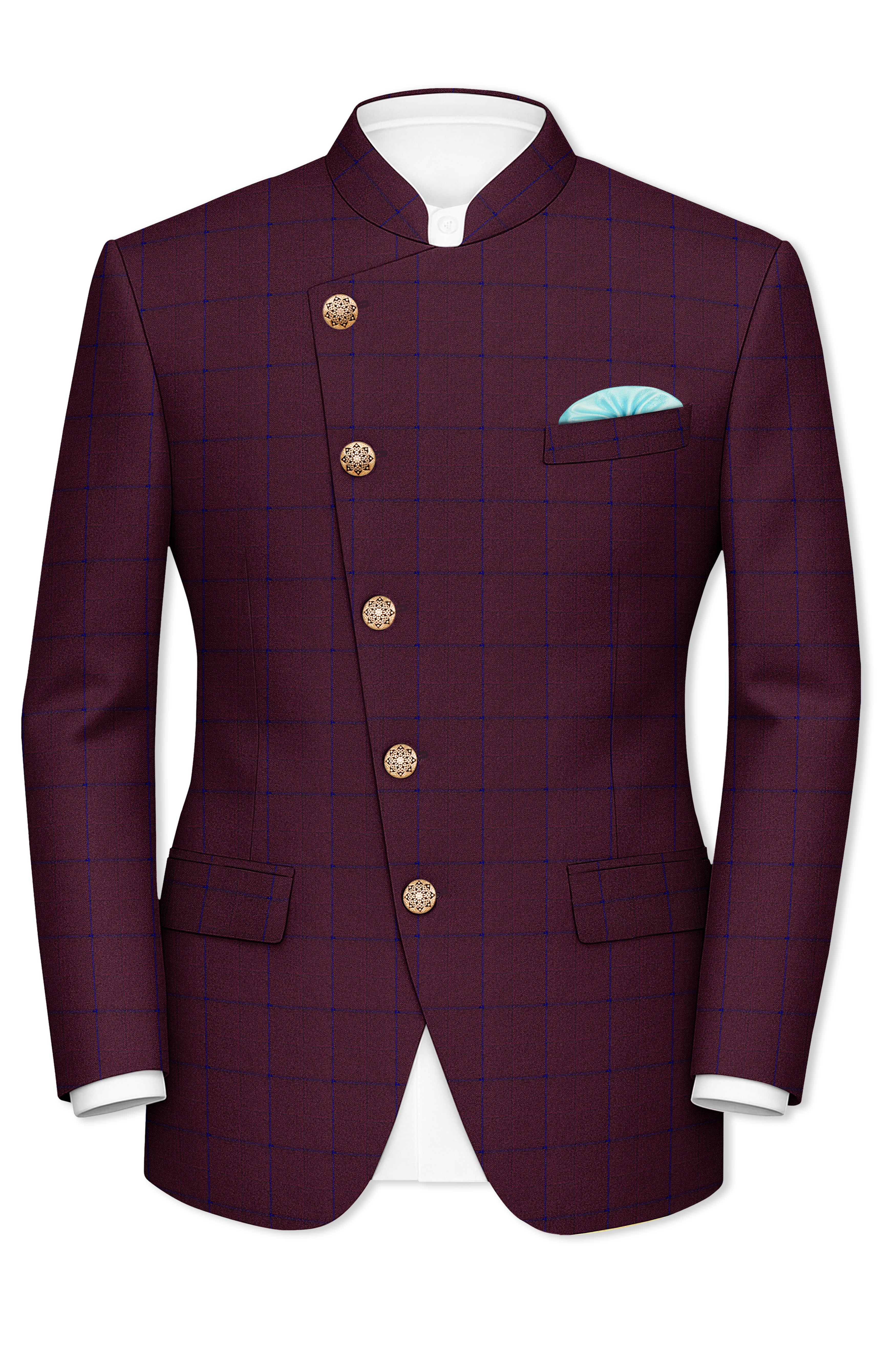 Wine Berry With Haiti Blue Windowpane Cross Placket Bandhgala Suit