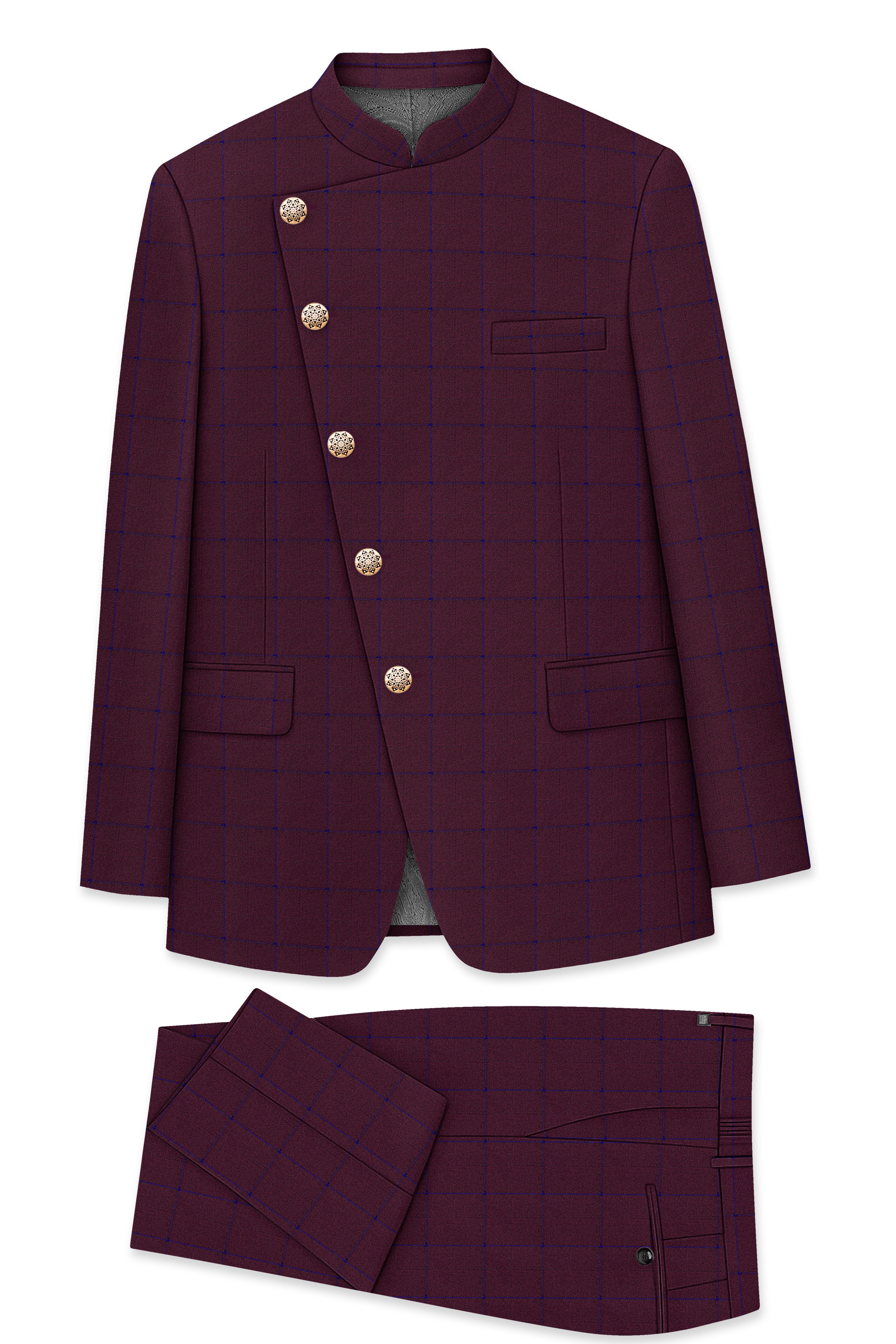 Wine Berry With Haiti Blue Windowpane Cross Placket Bandhgala Suit