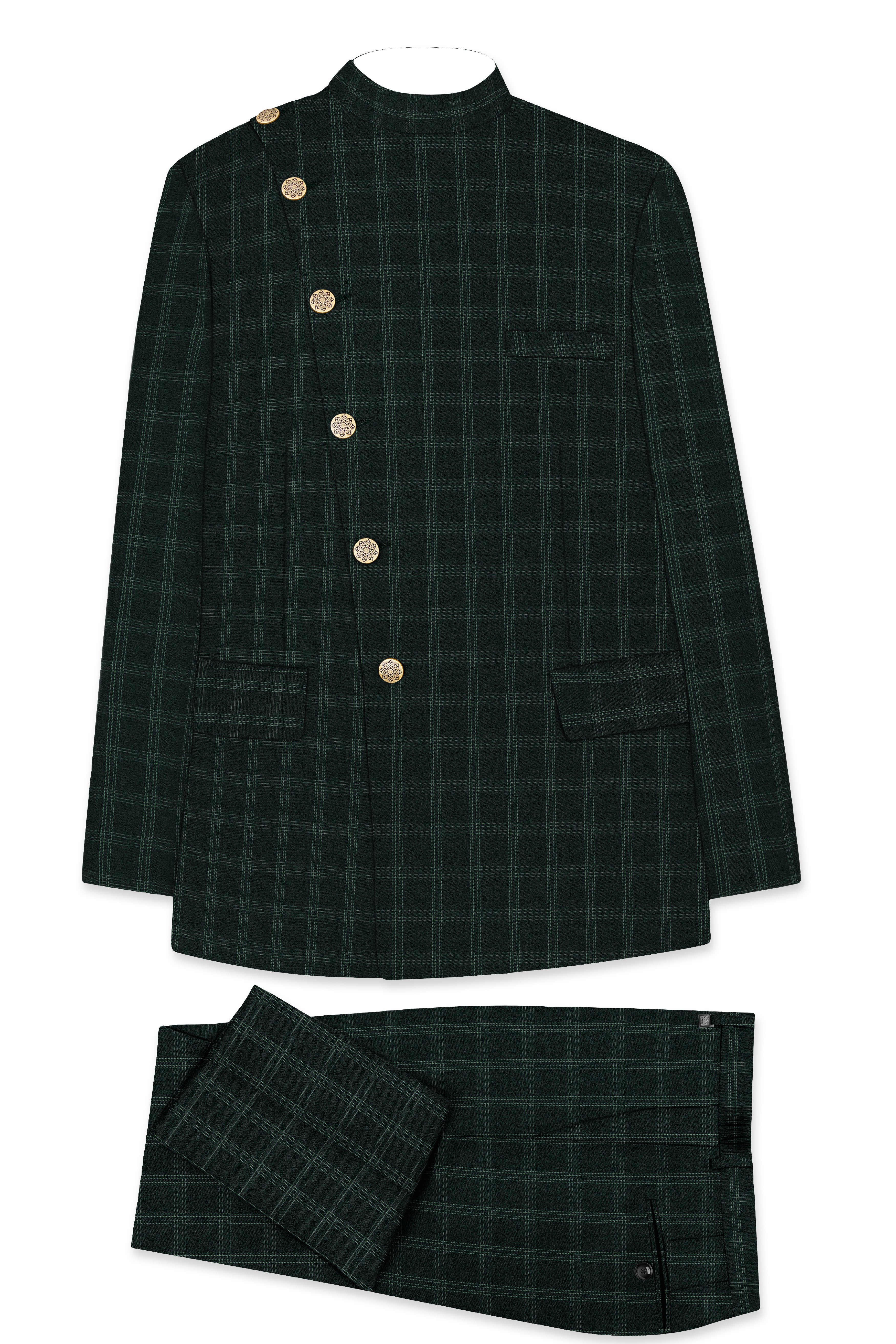 Zeus Green Plaid Cross Placket Bandhgala Suit