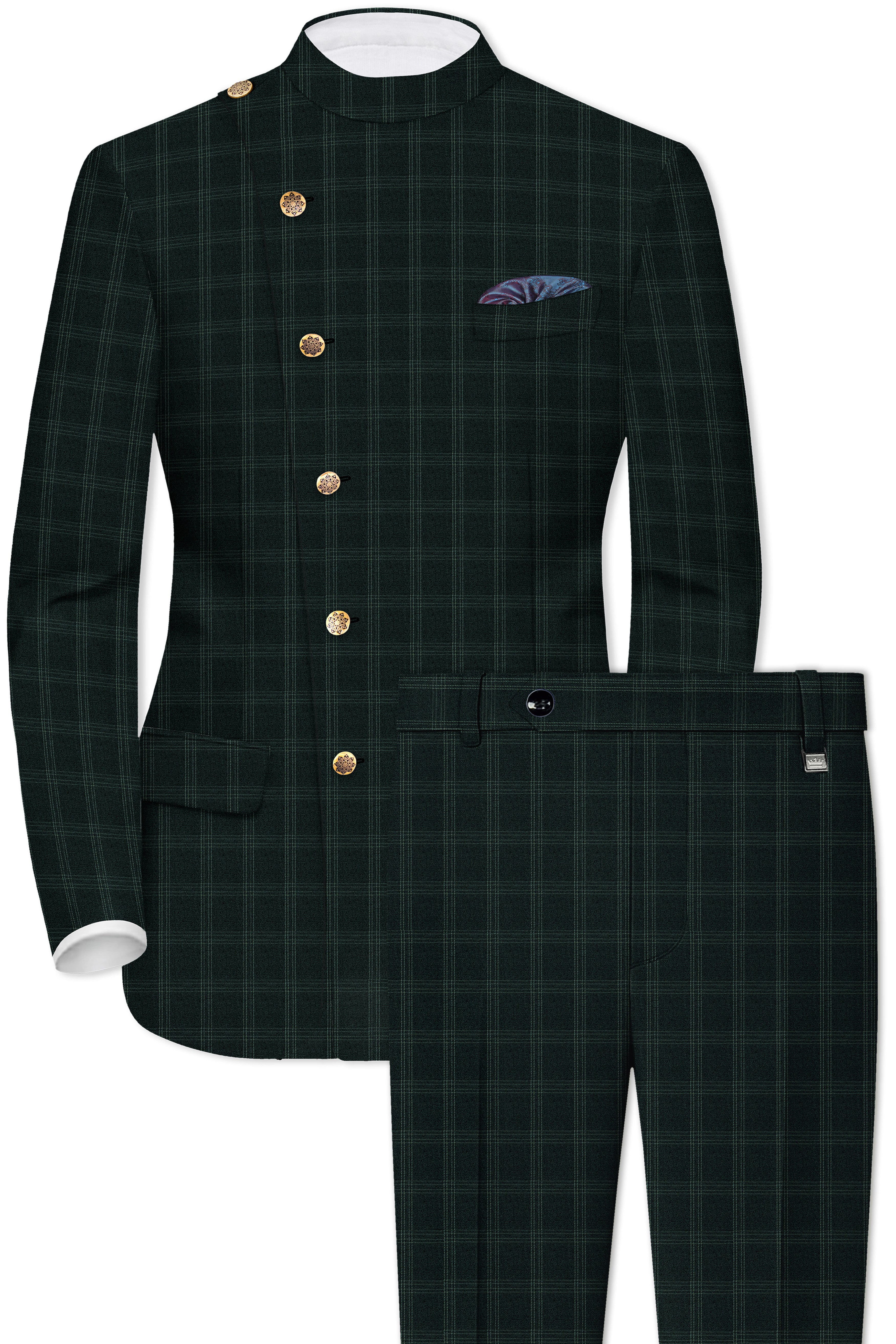 Zeus Green Plaid Cross Placket Bandhgala Suit