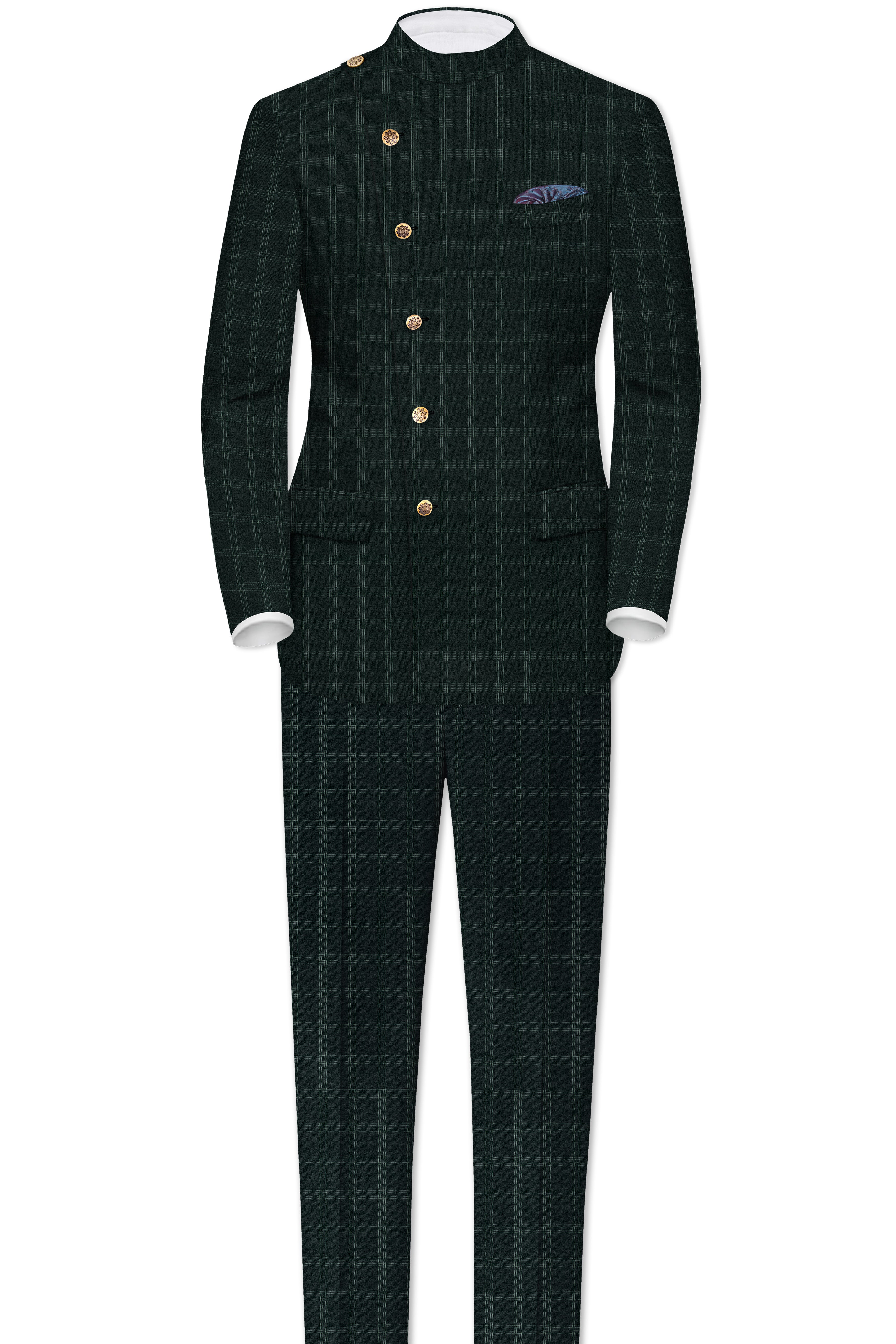 Zeus Green Plaid Cross Placket Bandhgala Suit