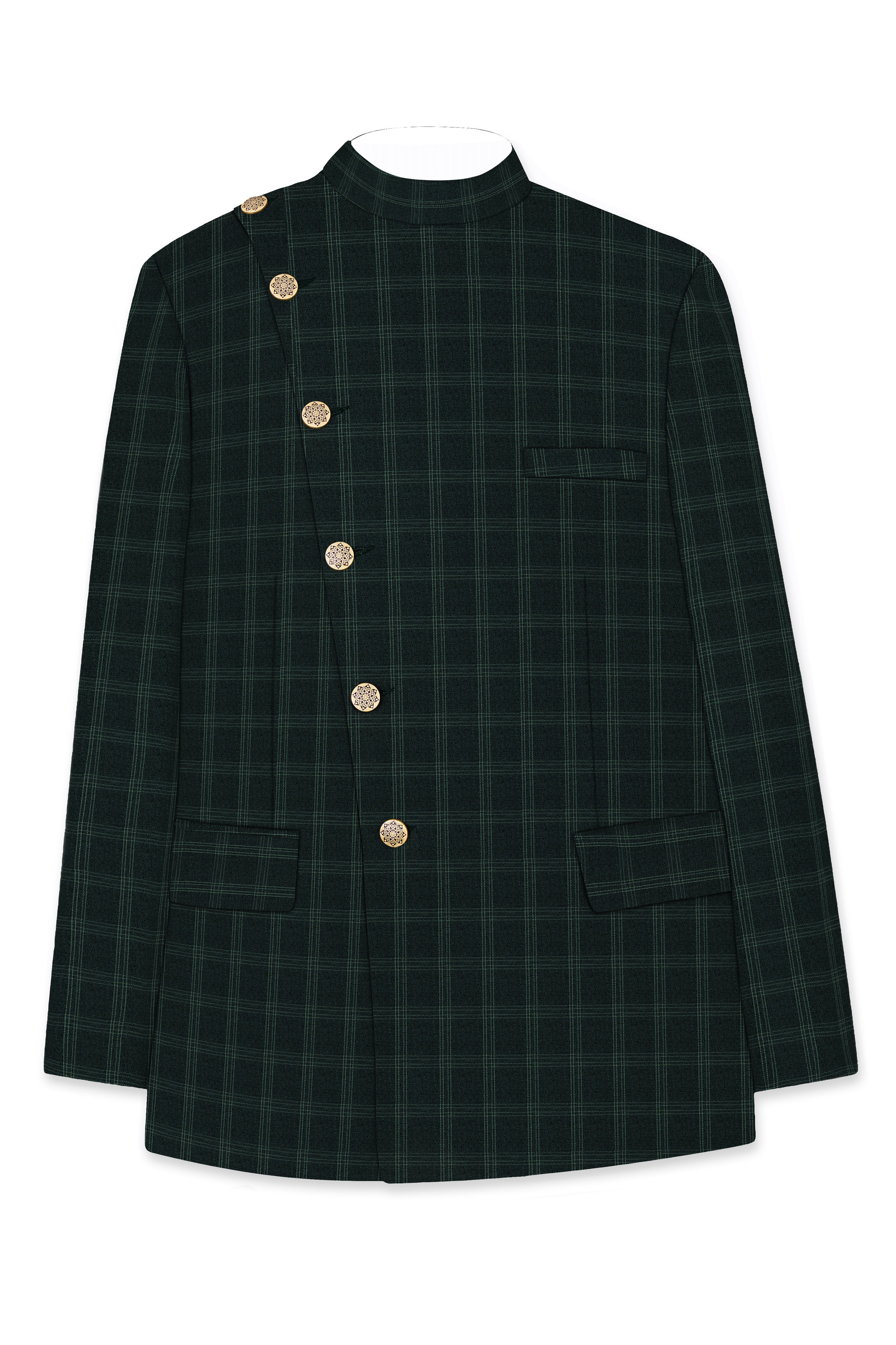 Zeus Green Plaid Cross Placket Bandhgala Suit