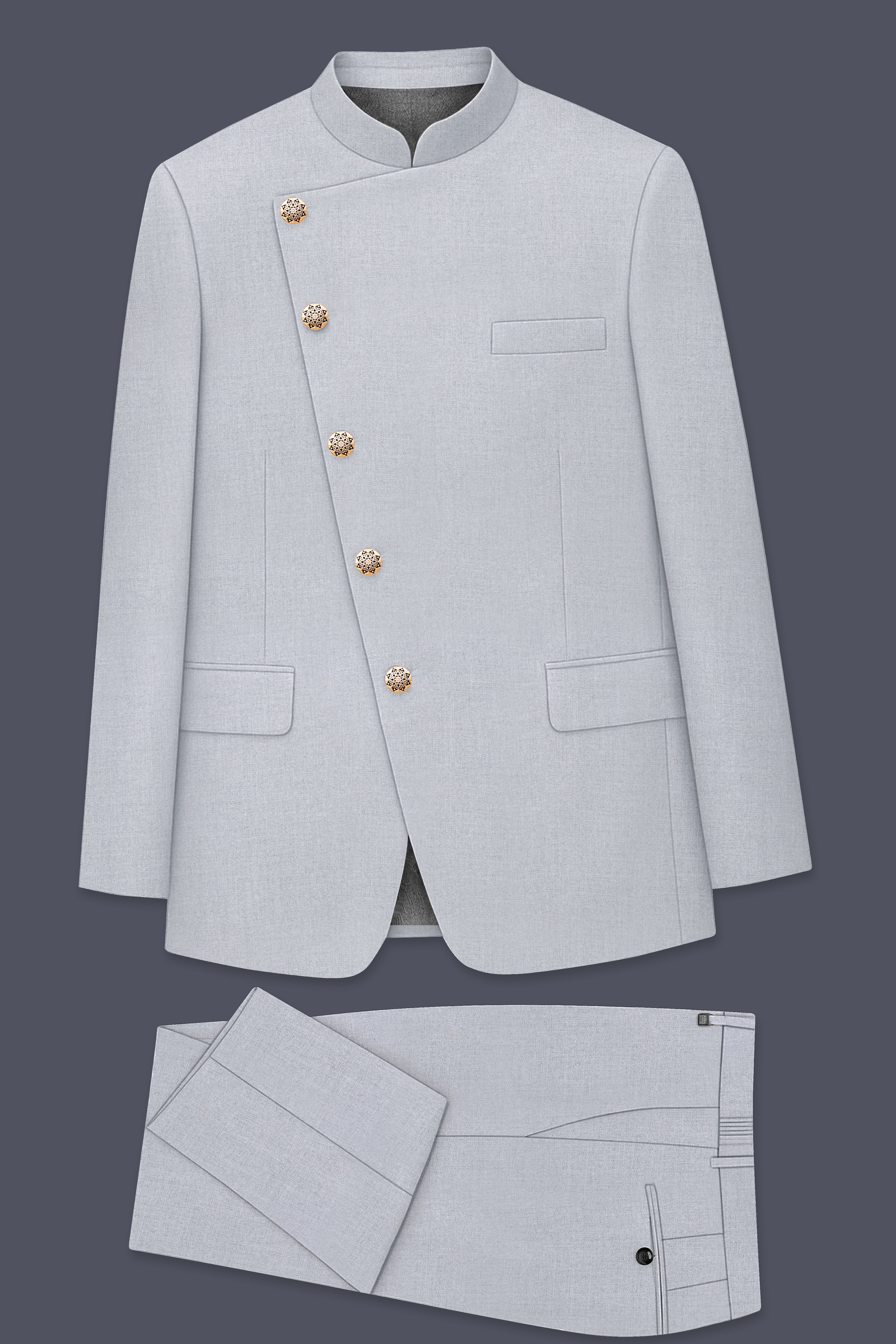 Spun Pearl Gray Cross Placket Bandhgala Suit