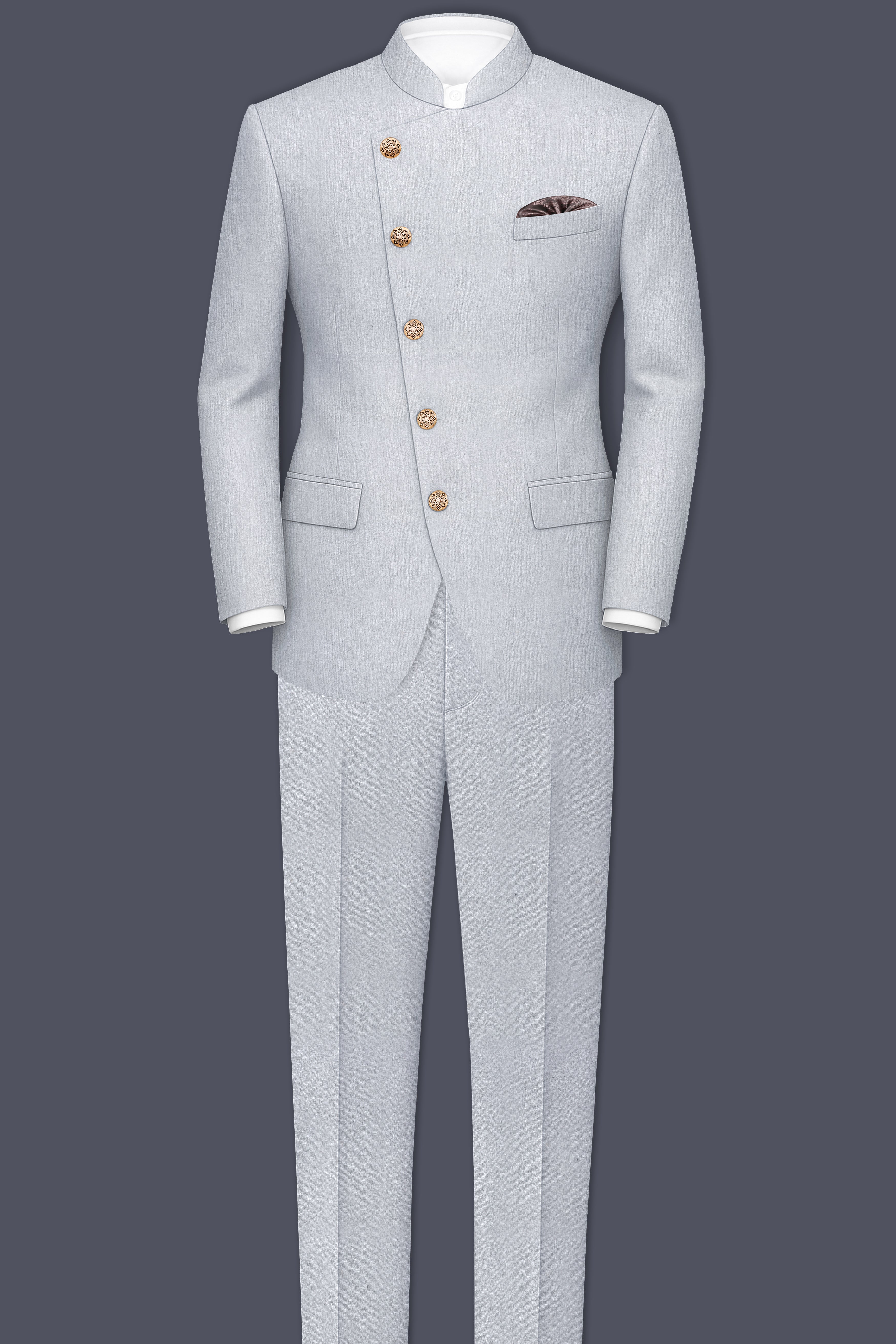 Spun Pearl Gray Cross Placket Bandhgala Suit