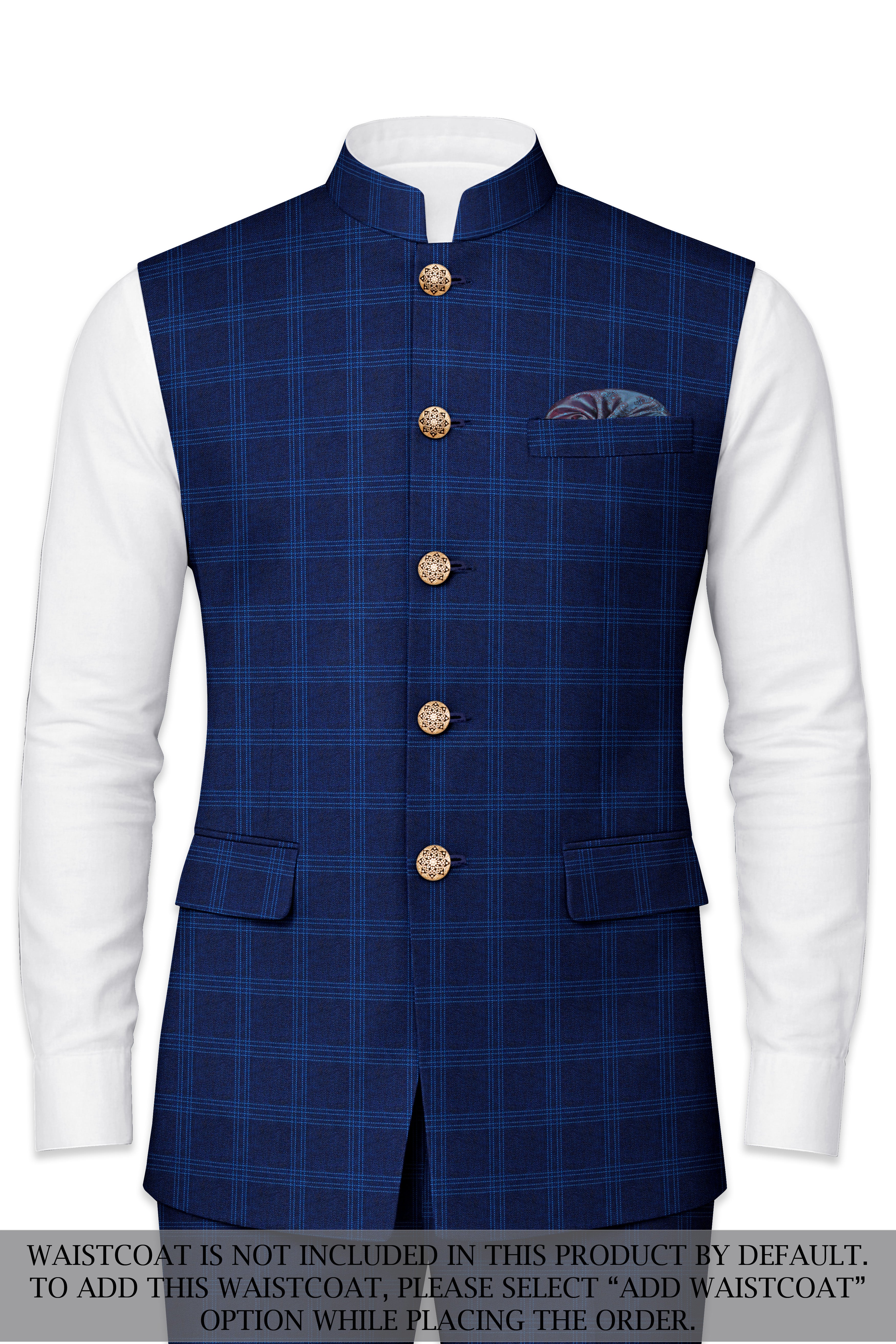 Baltic Sea Blue Windowpane Cross Placket Bandhgala Suit