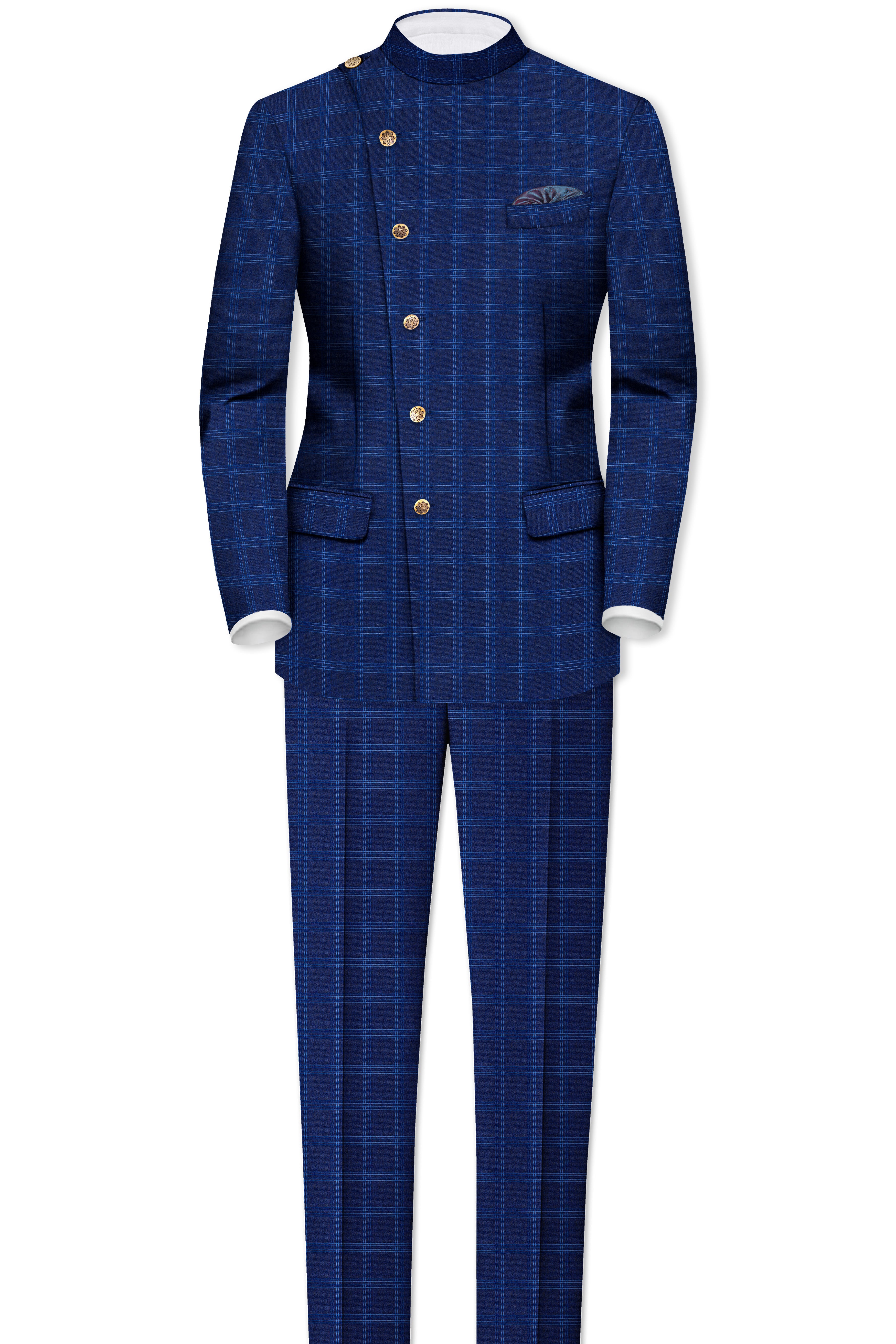 Baltic Sea Blue Windowpane Cross Placket Bandhgala Suit