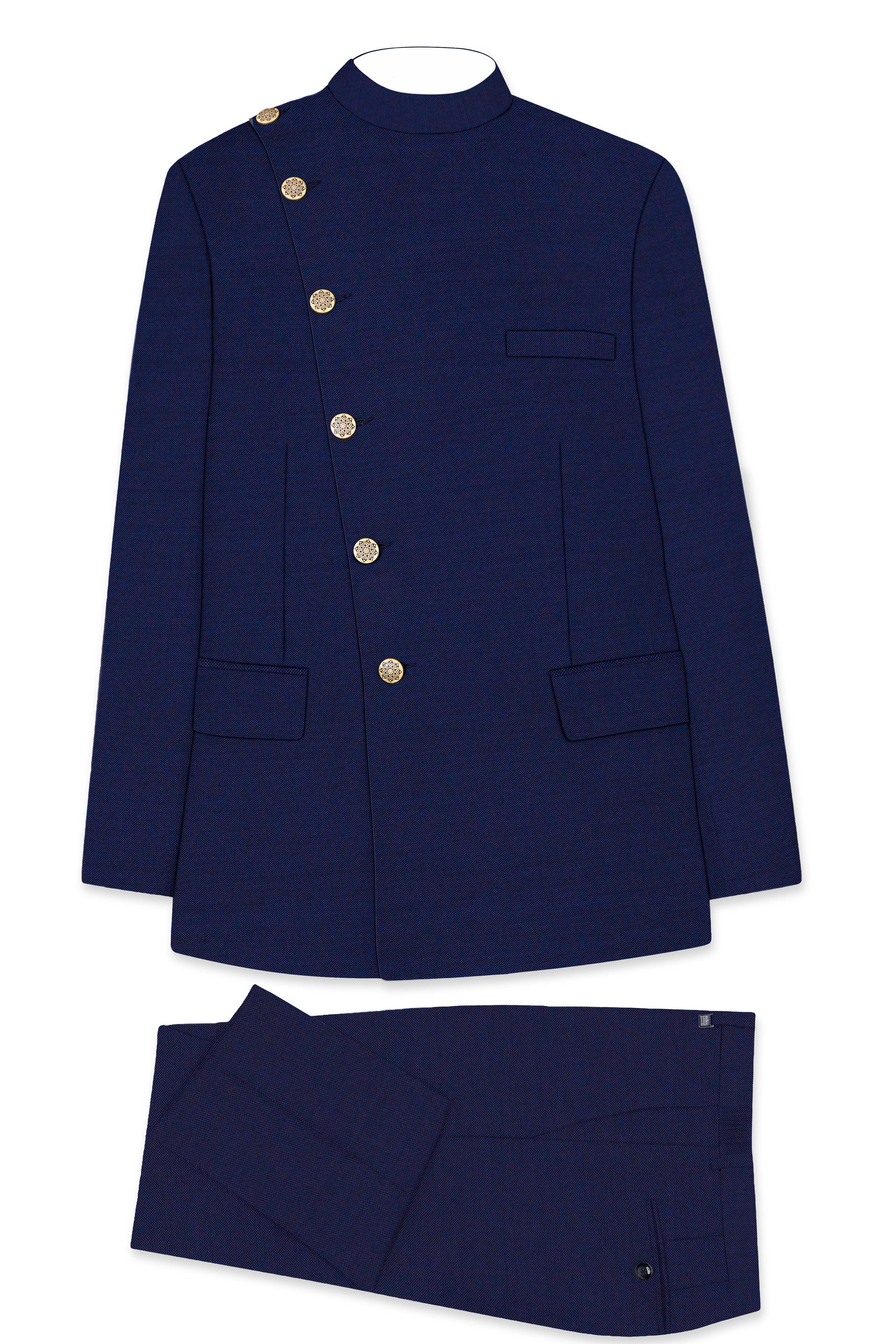 Gunmetal Navy Blue Cross Placket Bandhgala Suit