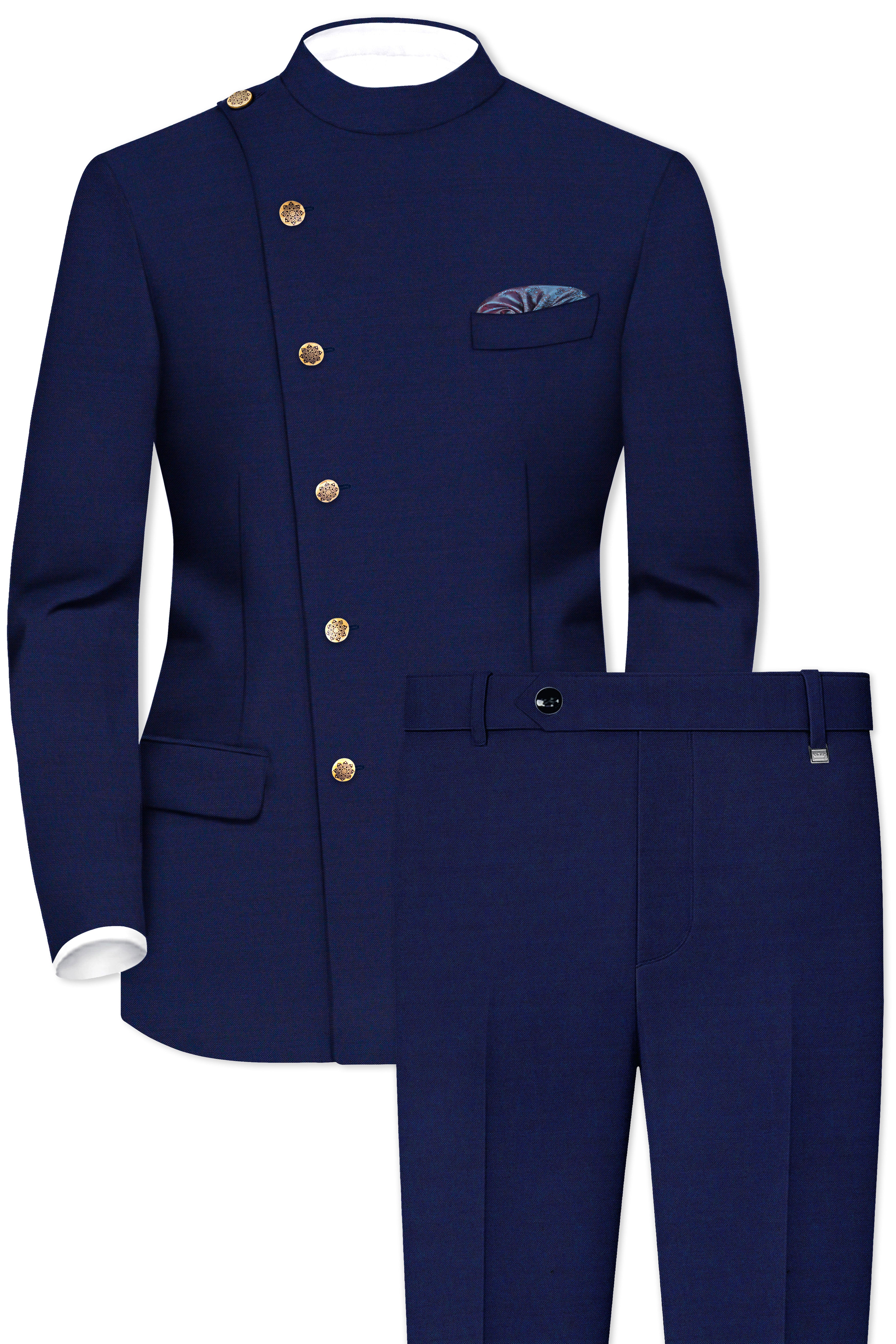 Gunmetal Navy Blue Cross Placket Bandhgala Suit