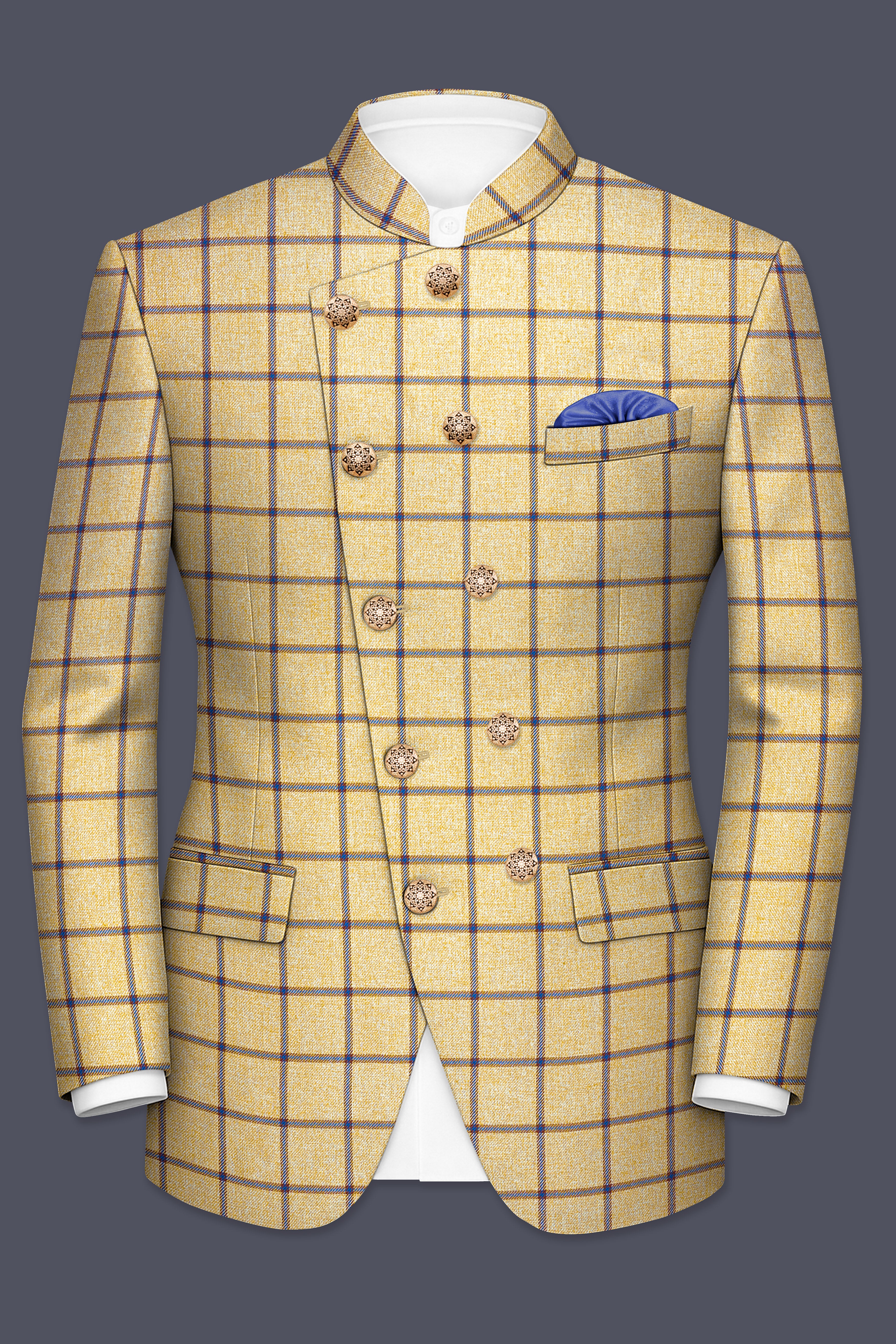 Mongoose Brown with Dianne Blue Windowpane Cross Placket Bandhgala Suit