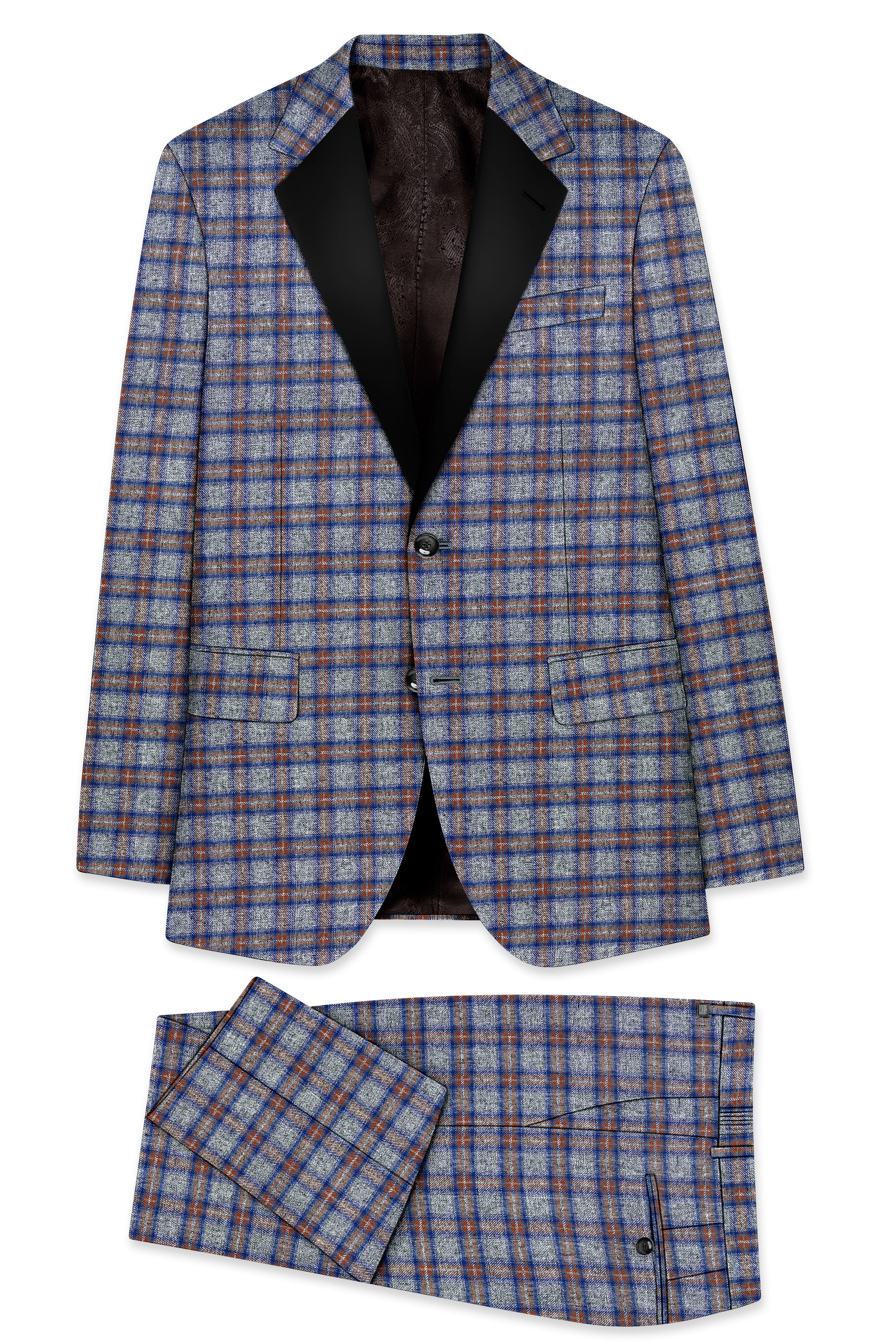 Fuscous Gray Checkered Single Breasted Black Lapel Designer Suit