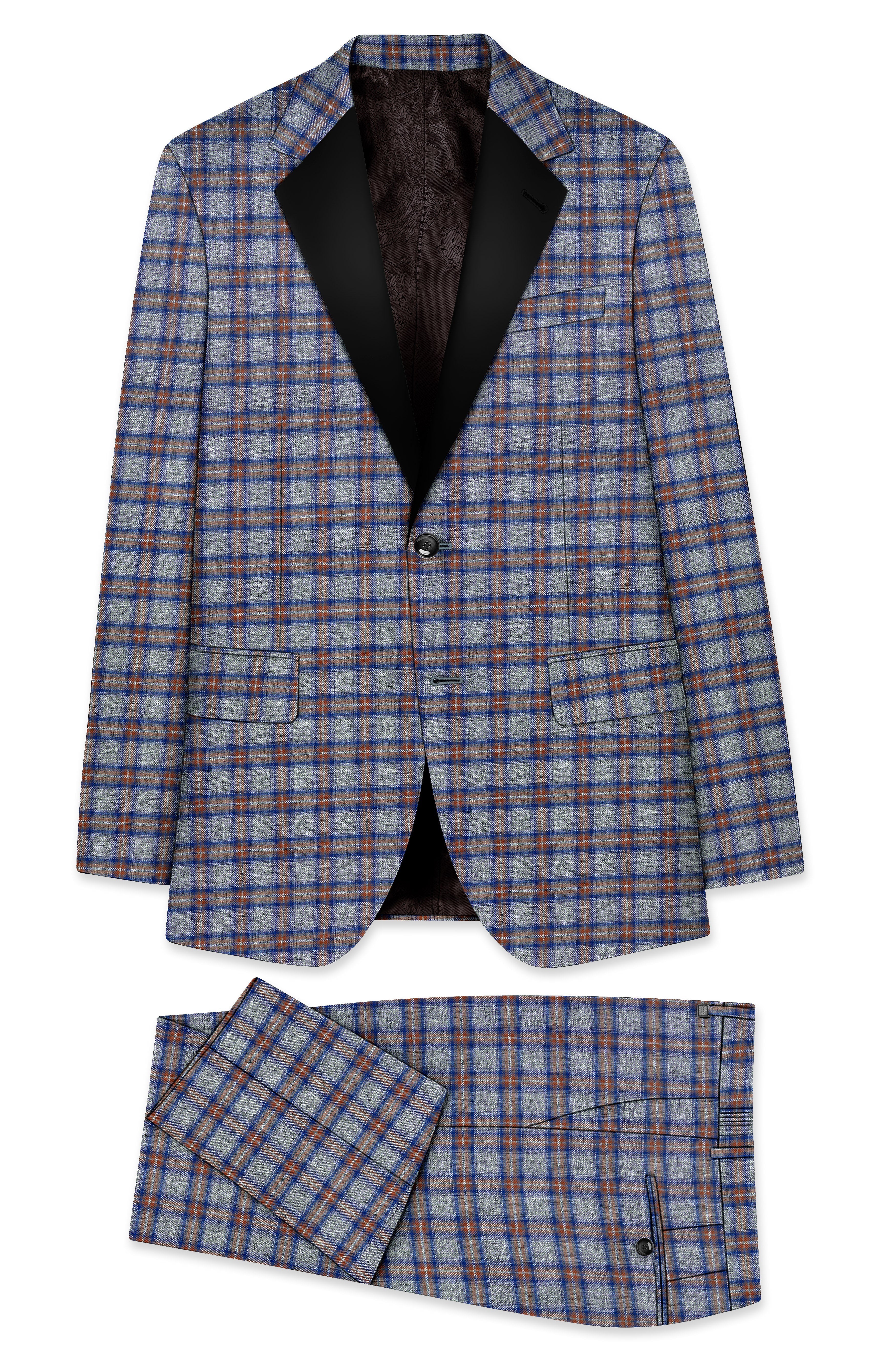 Fuscous Gray Checkered Single Breasted Black Lapel Designer Suit