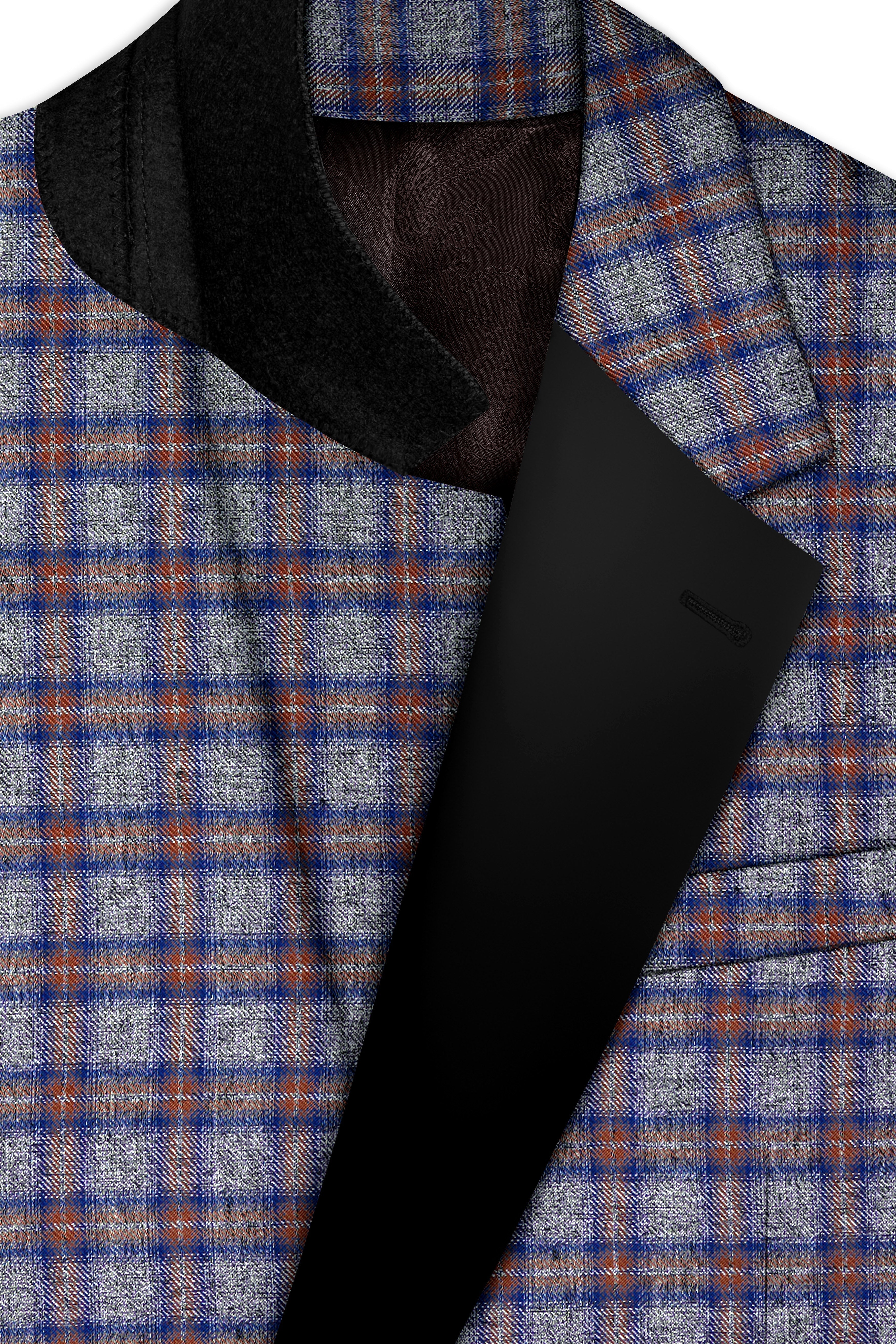 Fuscous Gray Checkered Single Breasted Black Lapel Designer Suit