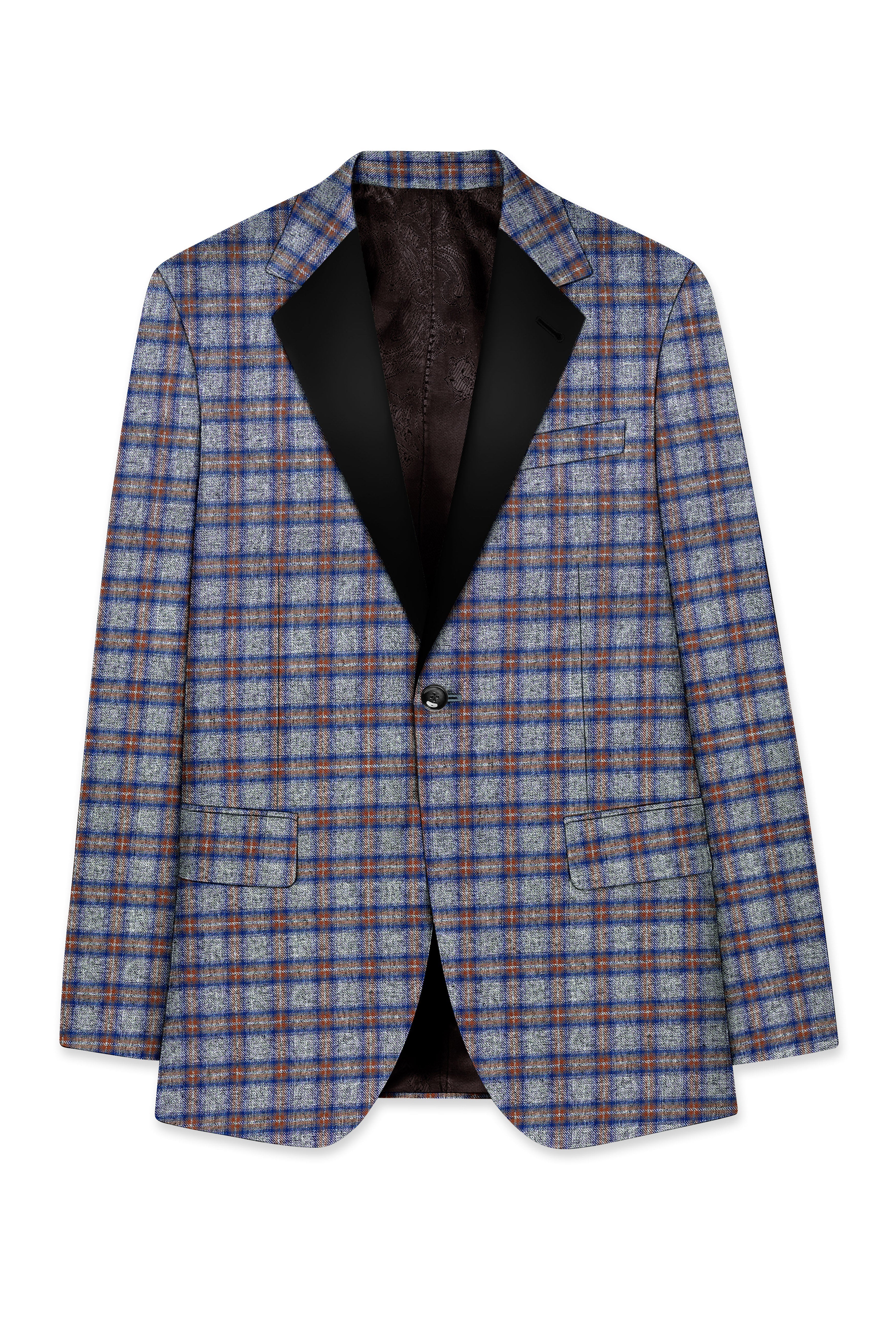 Fuscous Gray Checkered Single Breasted Black Lapel Designer Suit