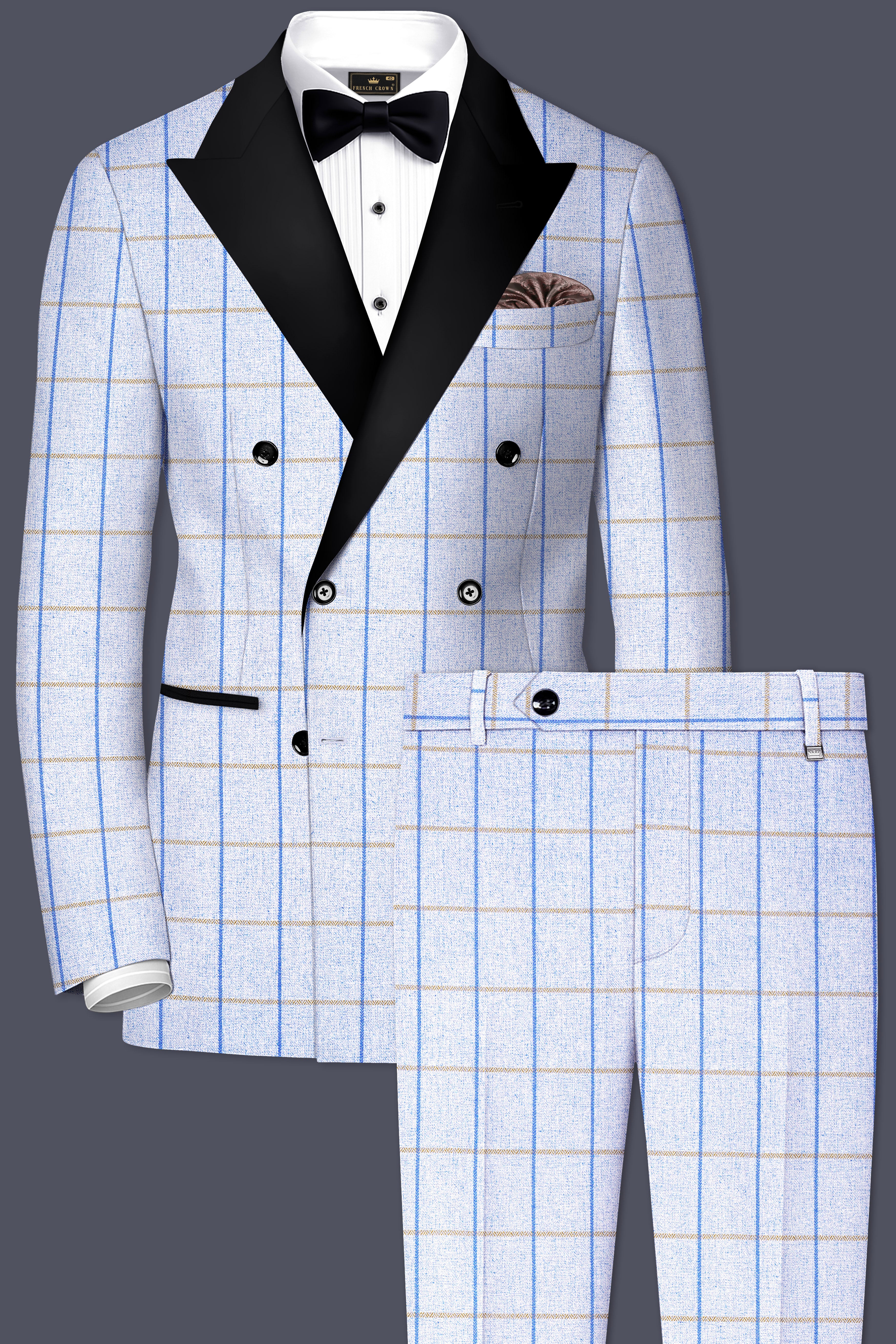 Mobster Blue Checkered Double Breasted Black Lapel Designer Suit