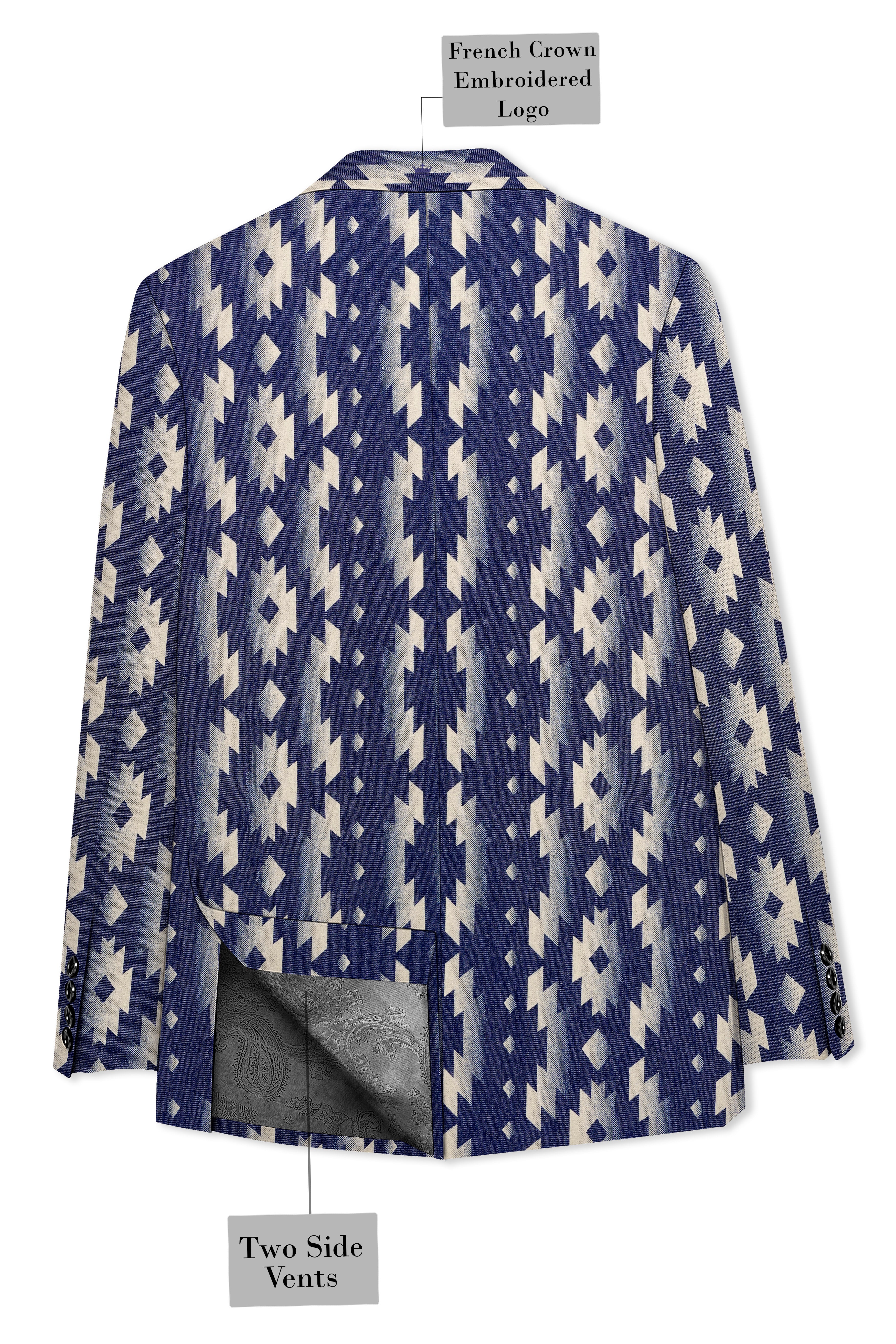 Gunmetal Blue with Nobel Cream Iktat Printed Denim Premium Cotton Designer Suit