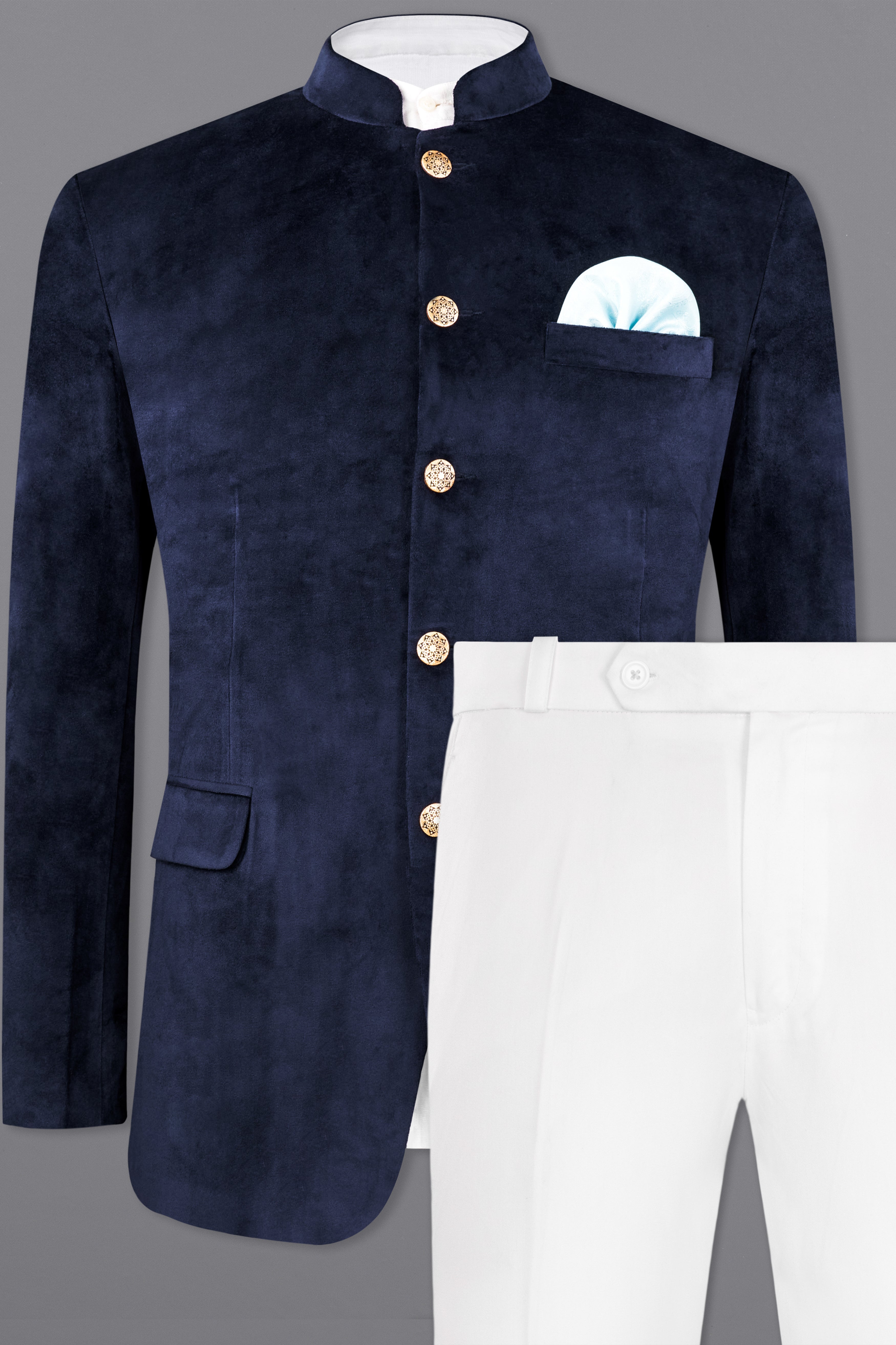 Firefly Blue Bandhgala Velvet Designer Suit