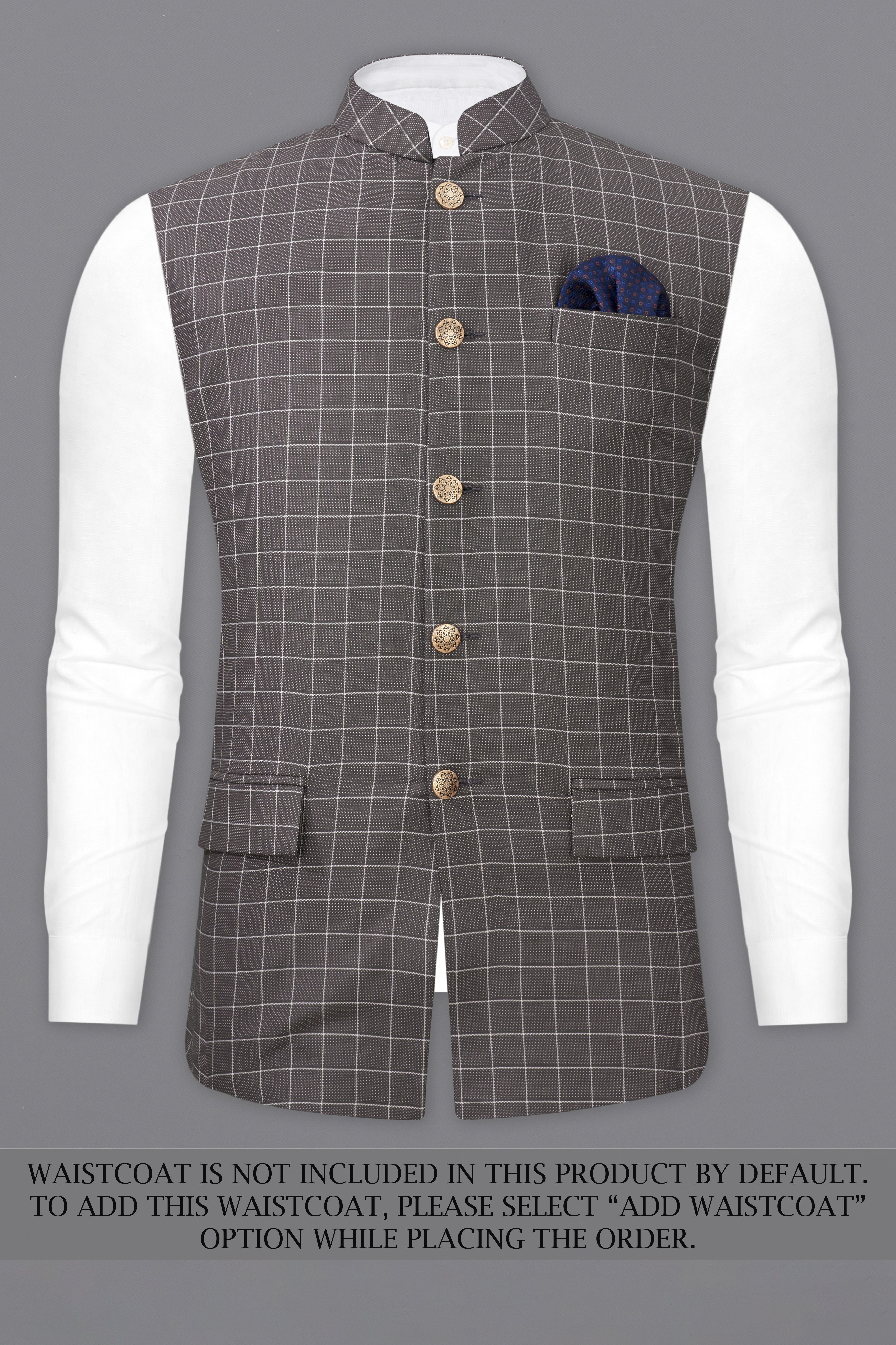 Mortar Gray Checkered Cross Placket Bandhgala Suit