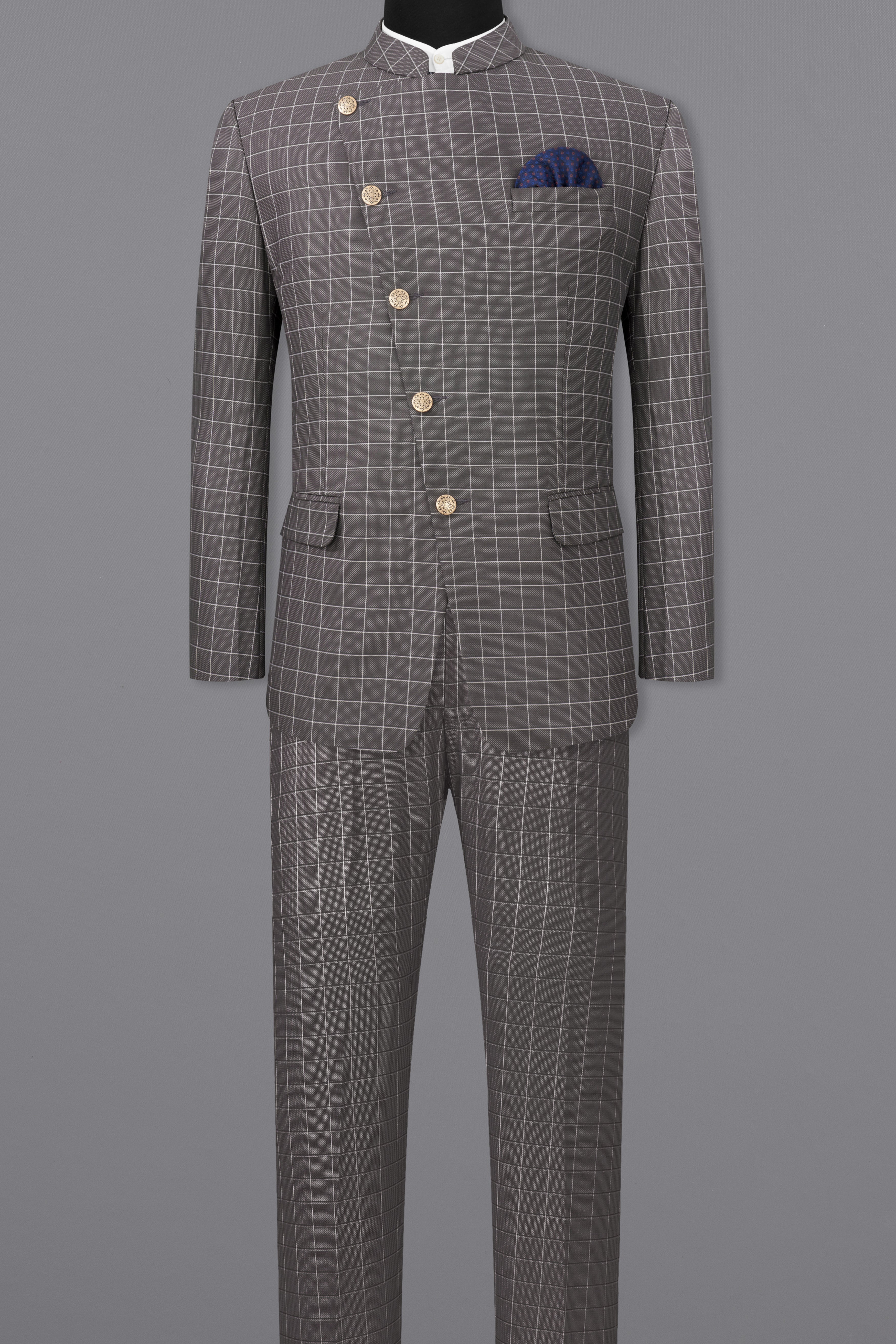 Mortar Gray Checkered Cross Placket Bandhgala Suit