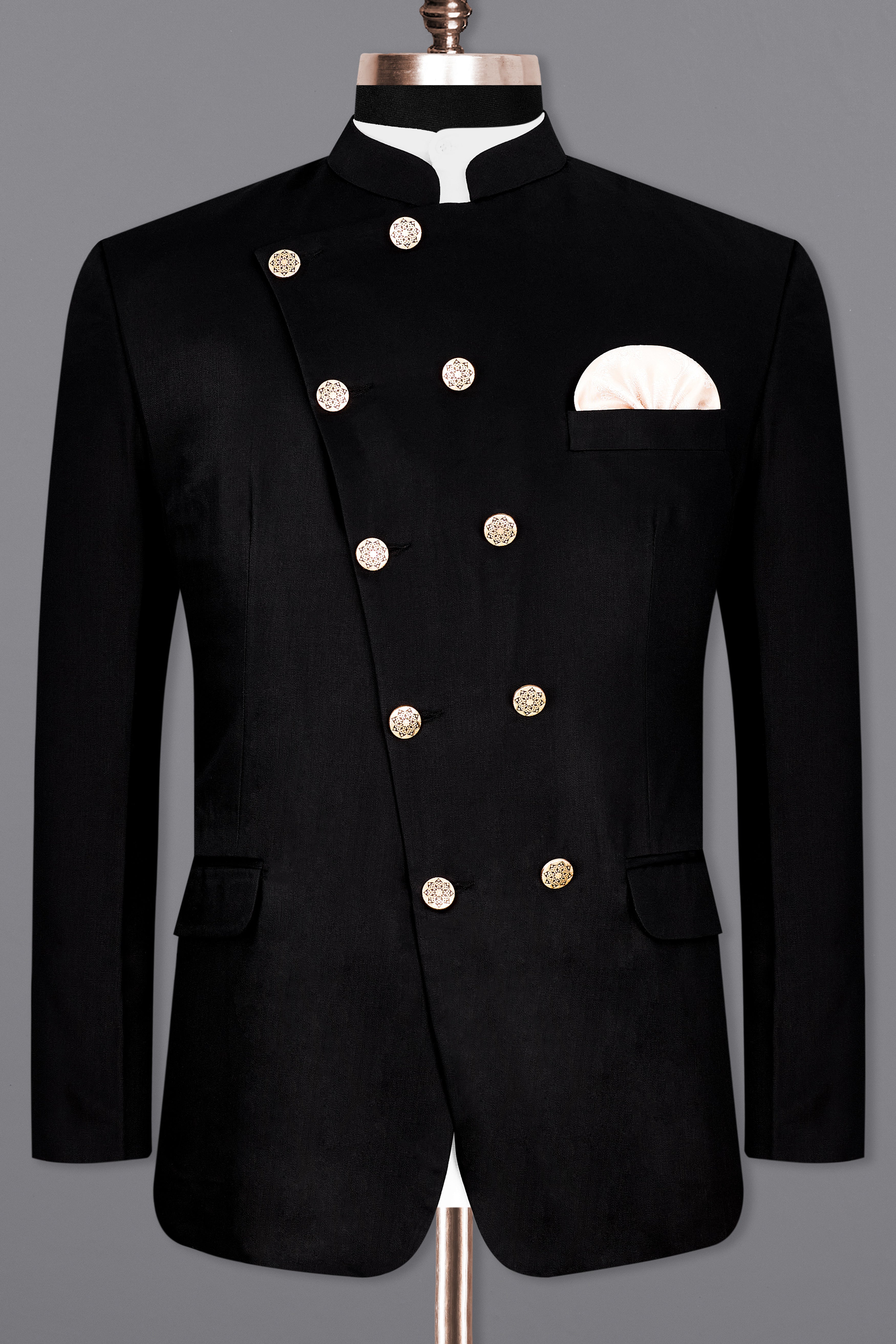 Jade Black Subtle Sheen Cross Placket  Bandhgala Suit