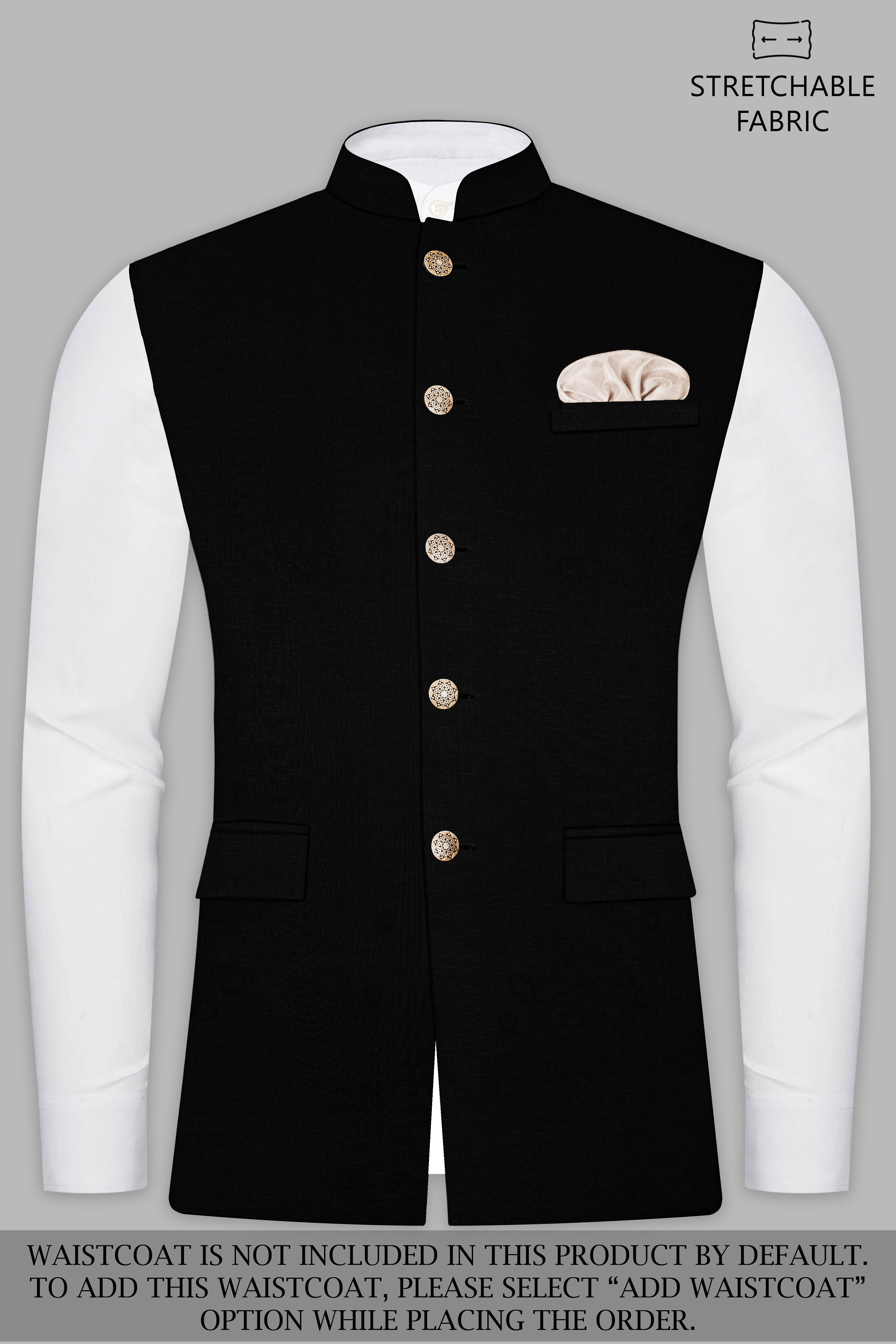 Jade Black Stretchable Subtle Sheen Cross Placket  Bandhgala Suit