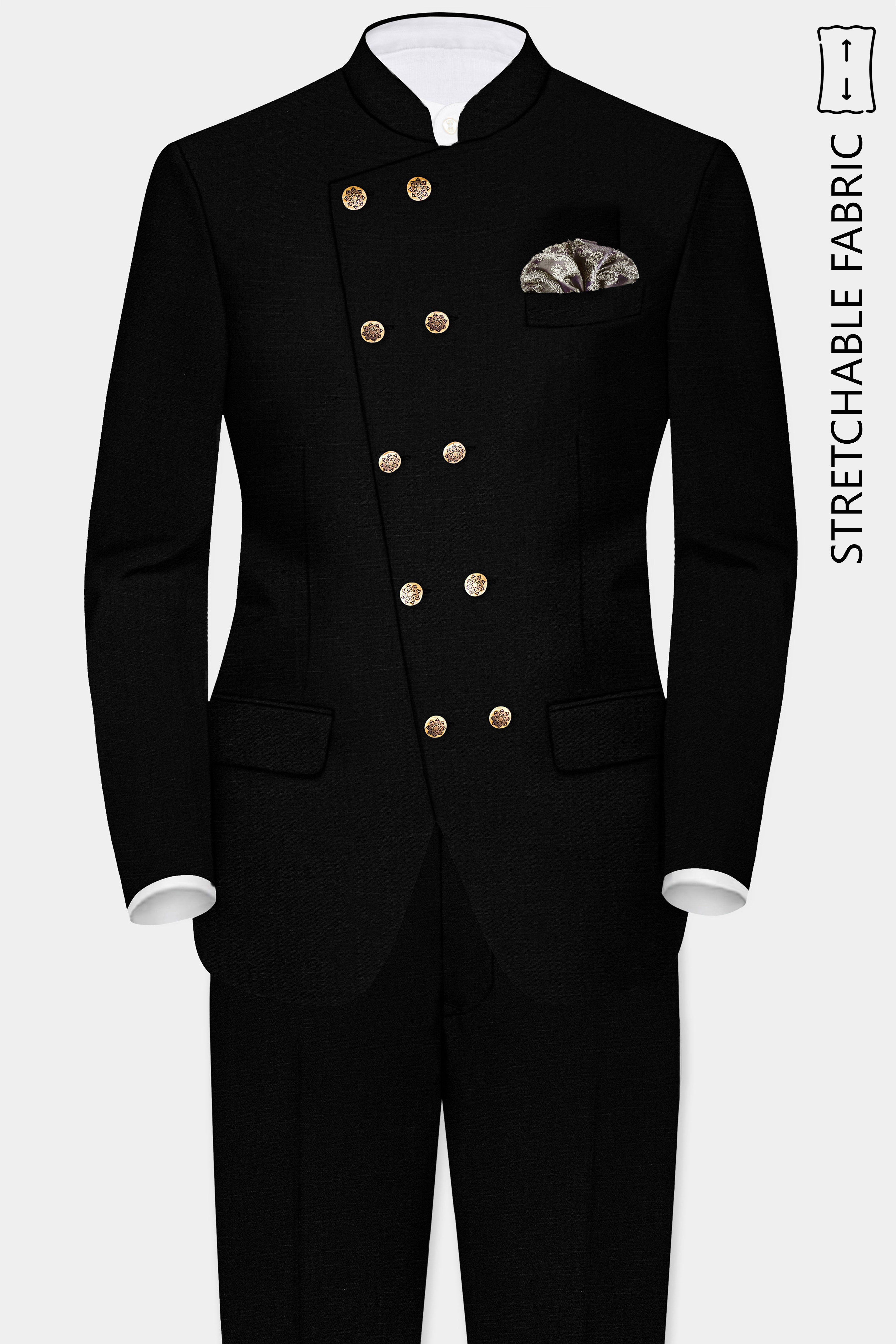 Jade Black Stretchable Subtle Sheen Cross Placket  Bandhgala Suit