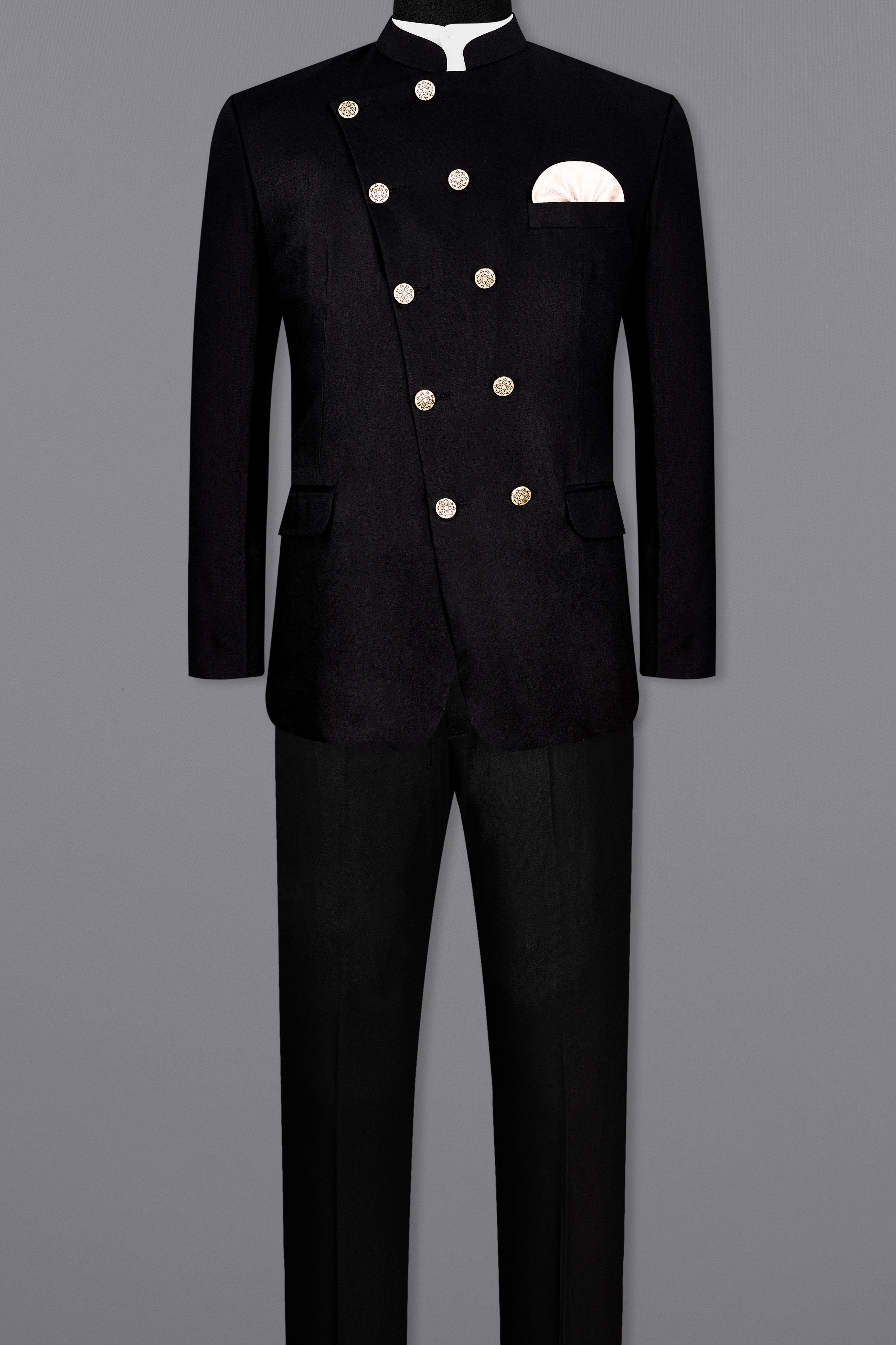 Jade Black Subtle Sheen Cross Placket  Bandhgala Suit