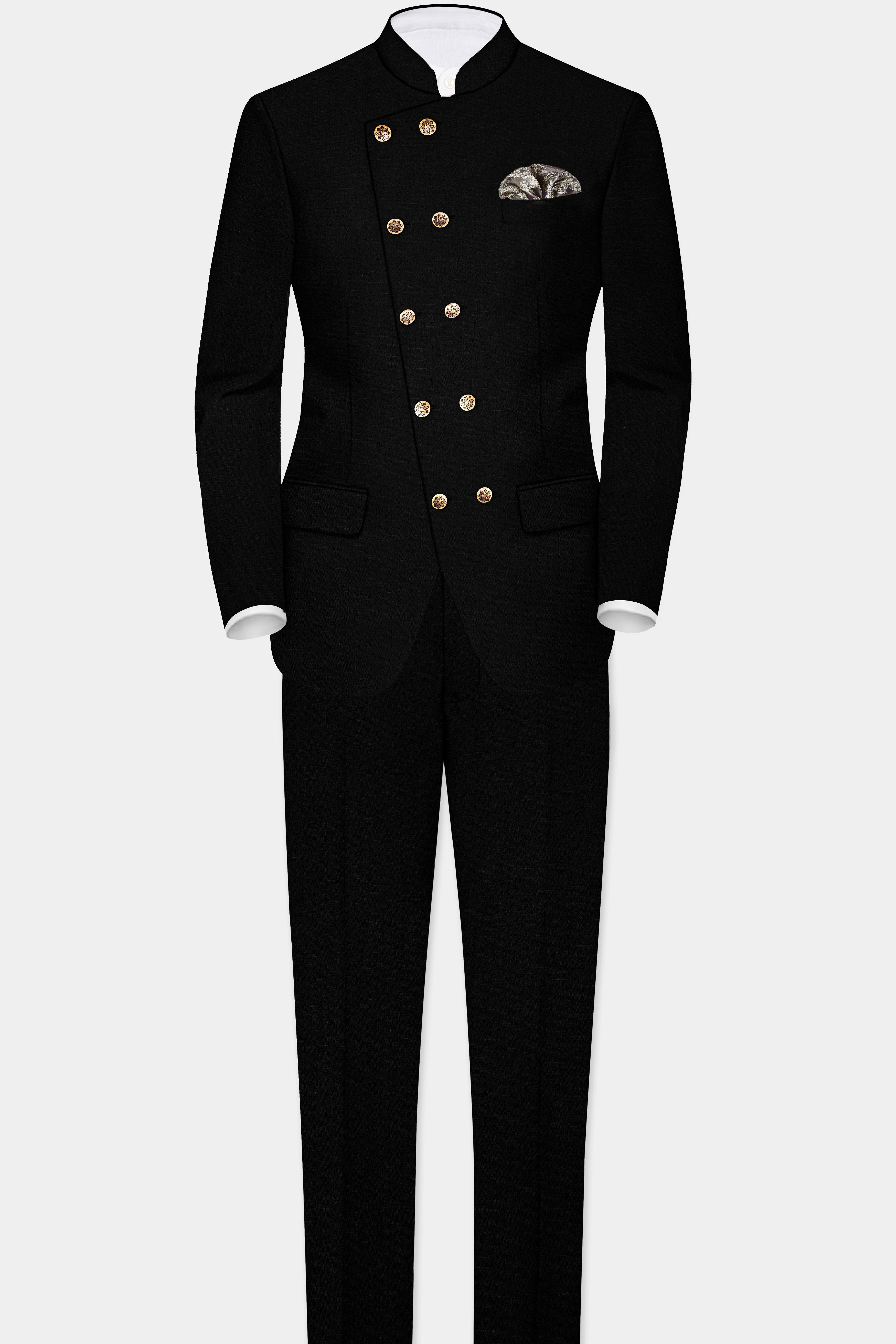 Jade Black Stretchable Subtle Sheen Cross Placket  Bandhgala Suit