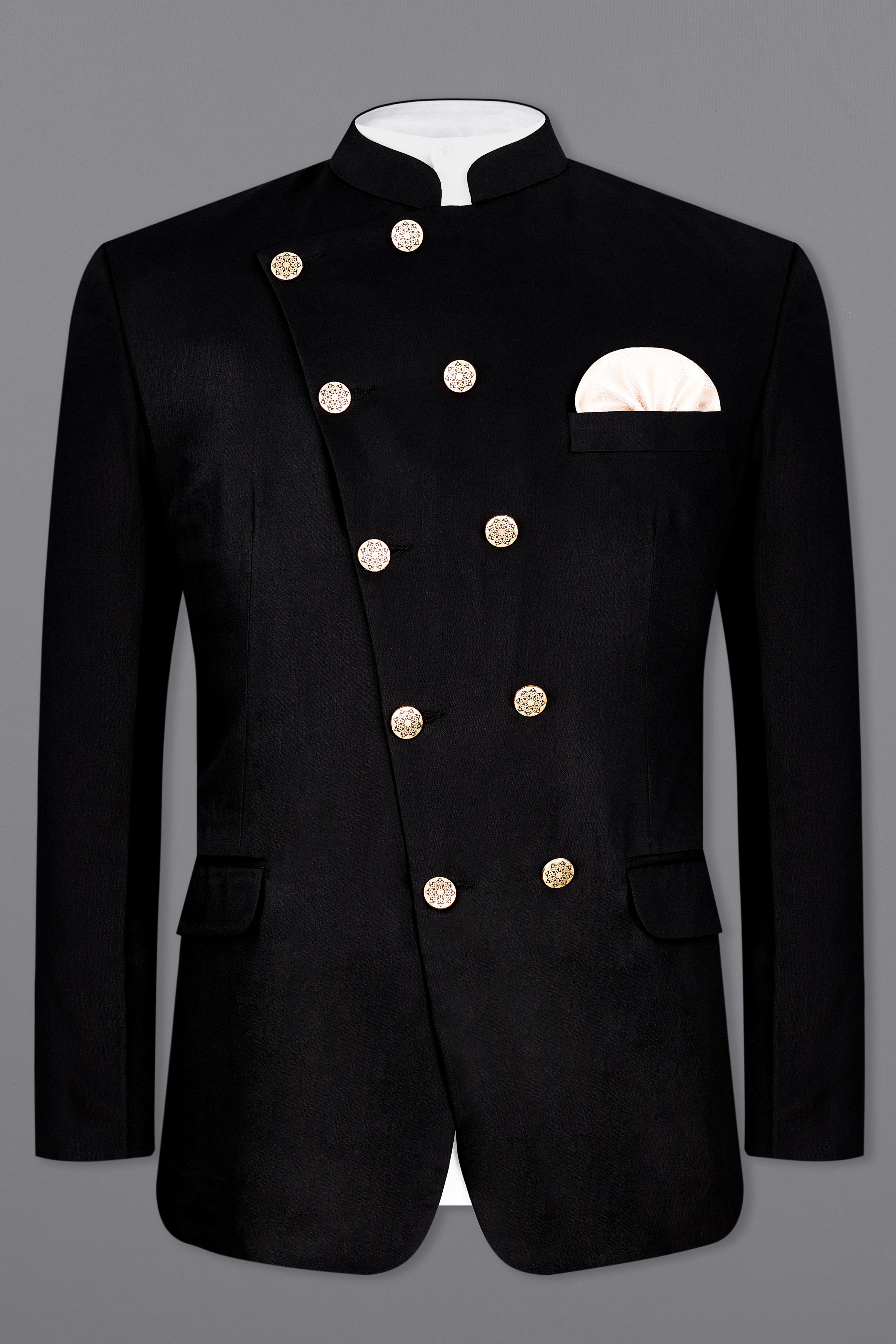 Jade Black Subtle Sheen Cross Placket  Bandhgala Suit