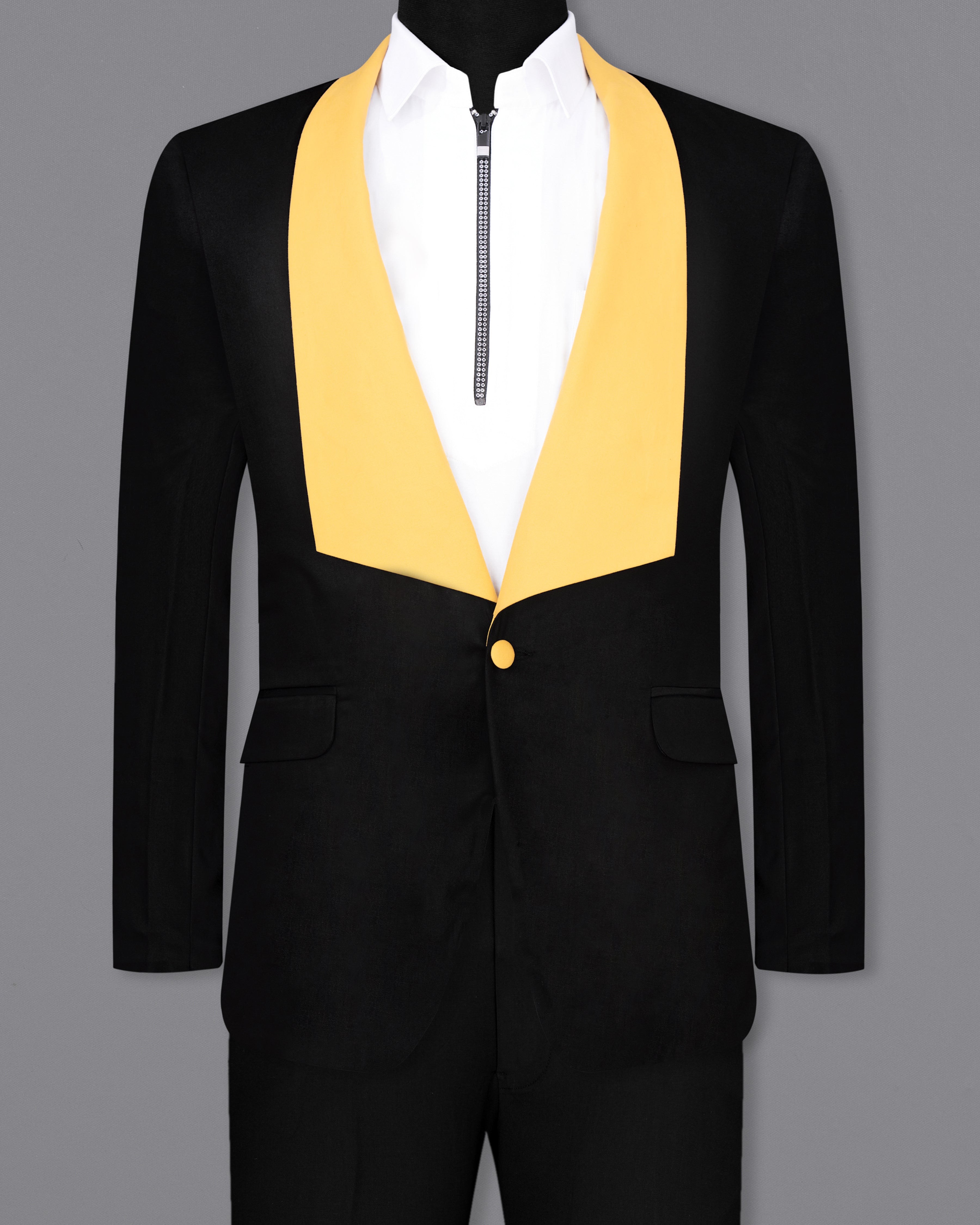 Jade Black Subtle Sheen With Yellow Lapel Designer Single-Breasted Designer Suit