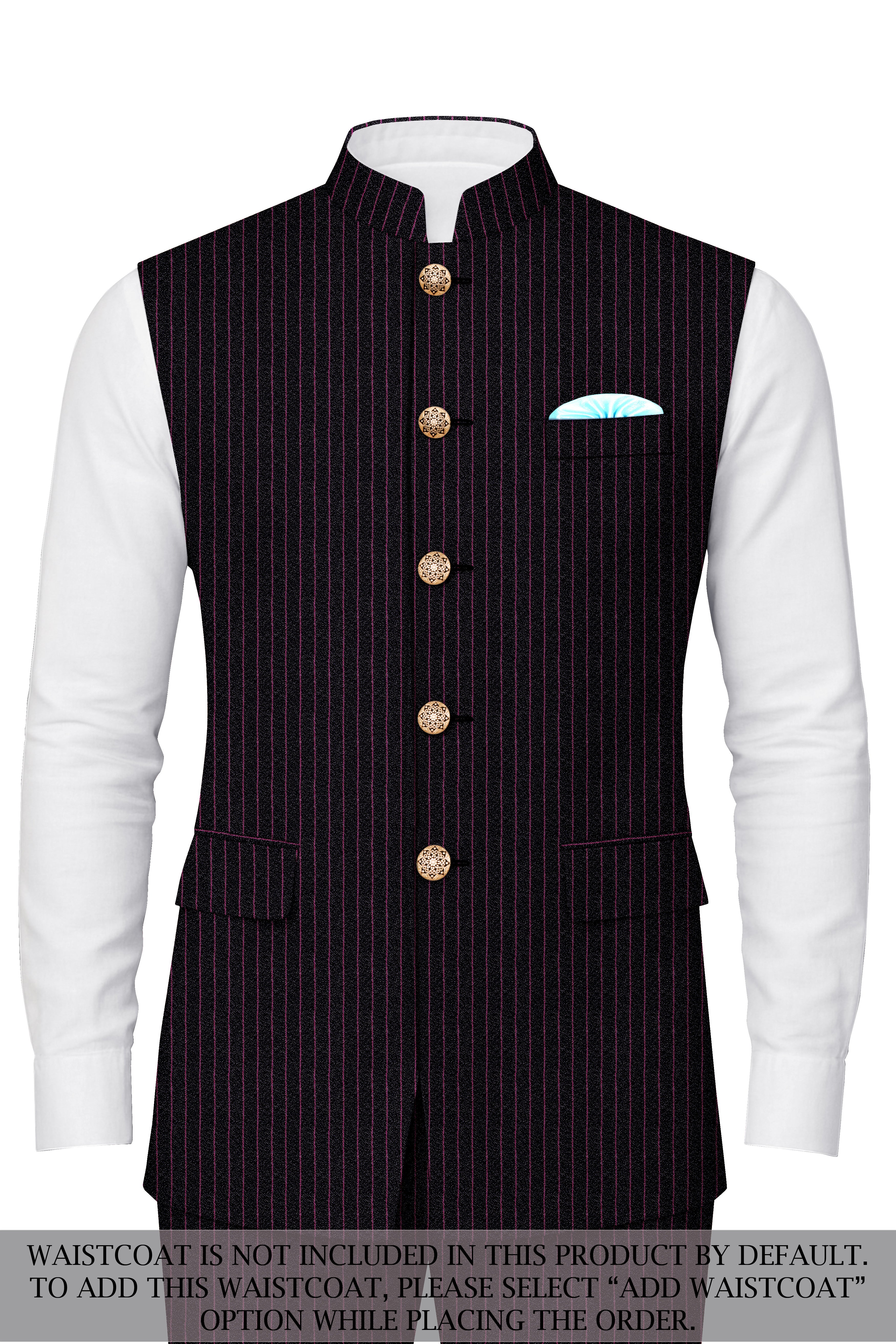 Zeus Black with Dark Mauve Pink Striped Cross Placket Bandhgala Suit