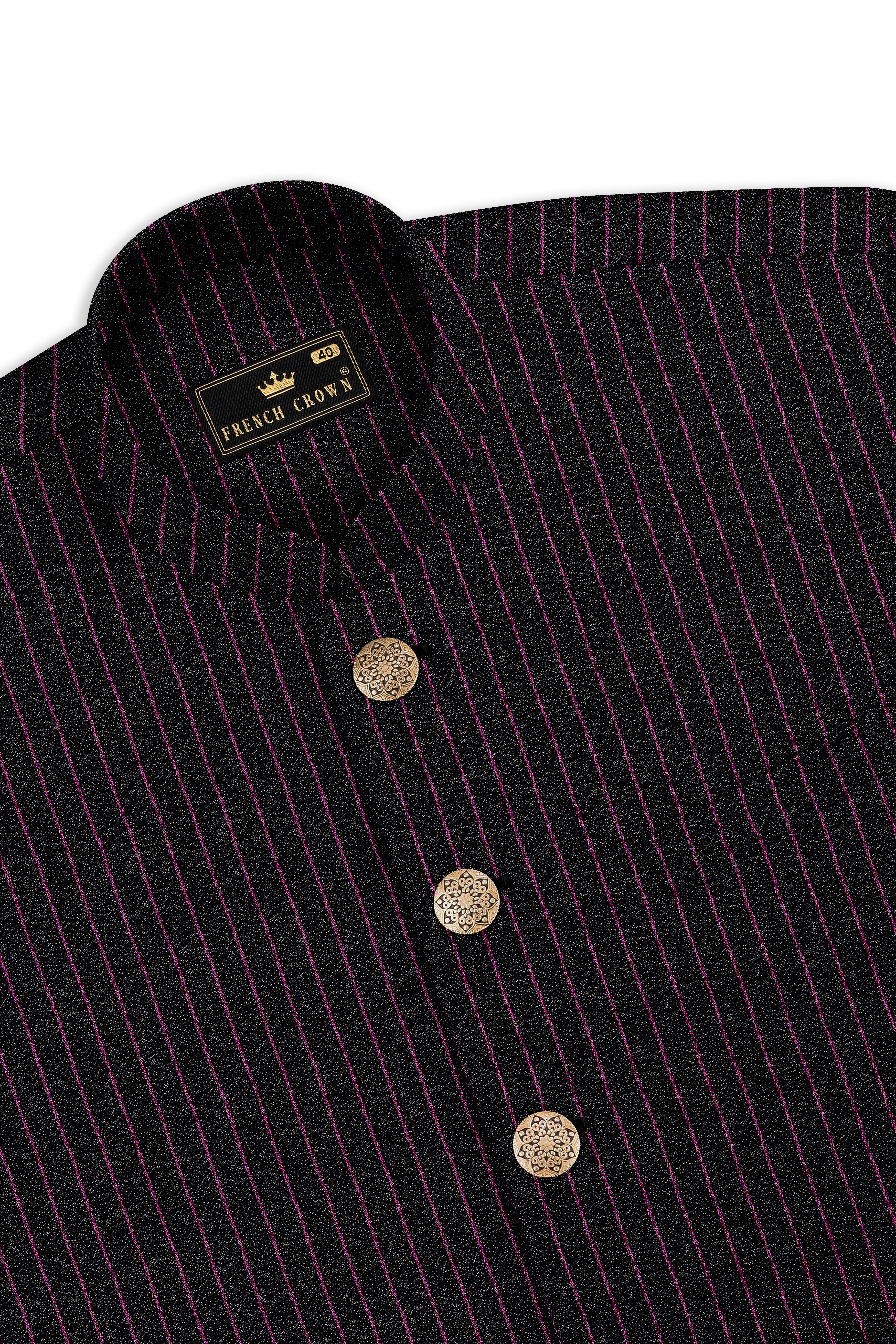Zeus Black with Dark Mauve Pink Striped Cross Placket Bandhgala Suit