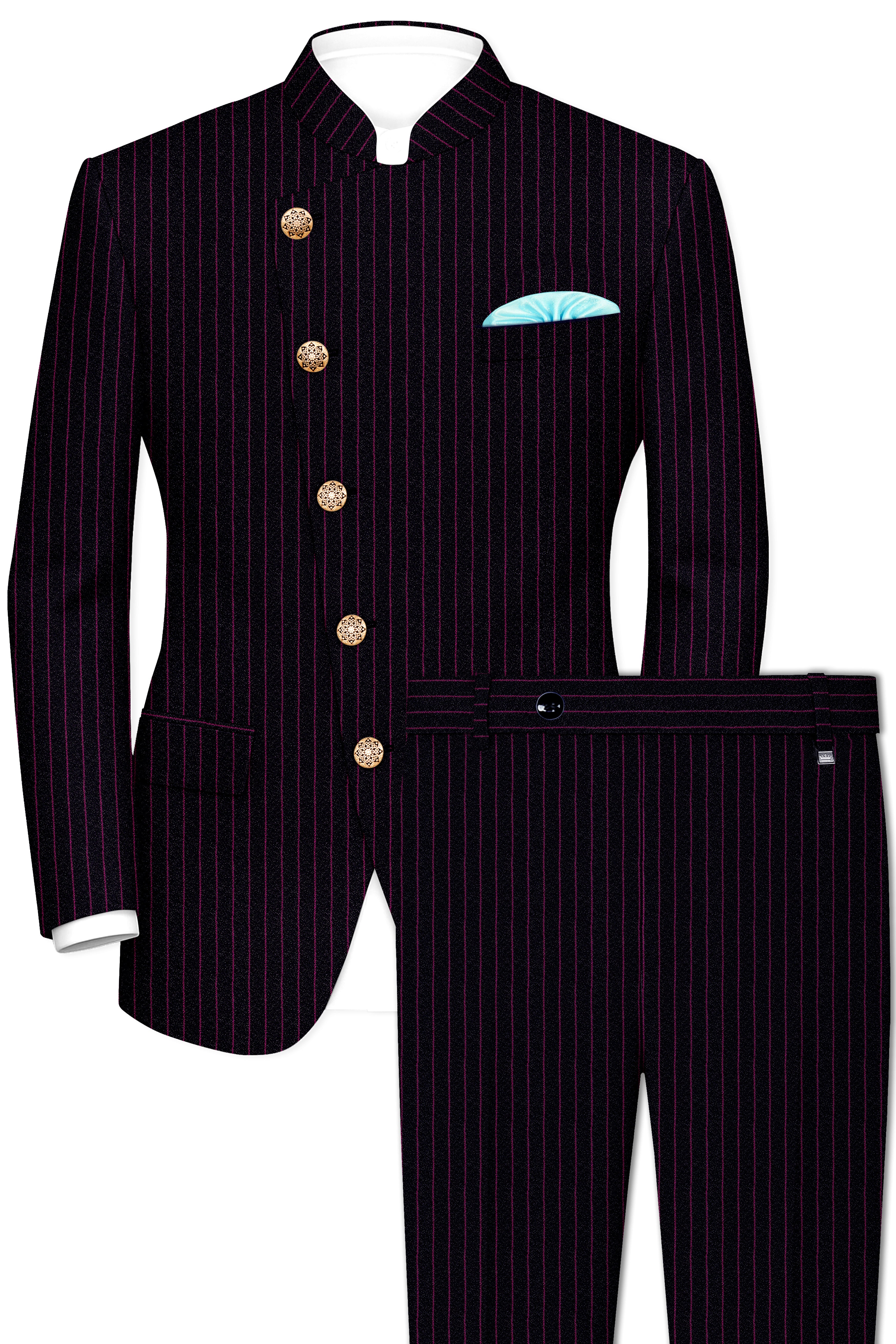 Zeus Black with Dark Mauve Pink Striped Cross Placket Bandhgala Suit