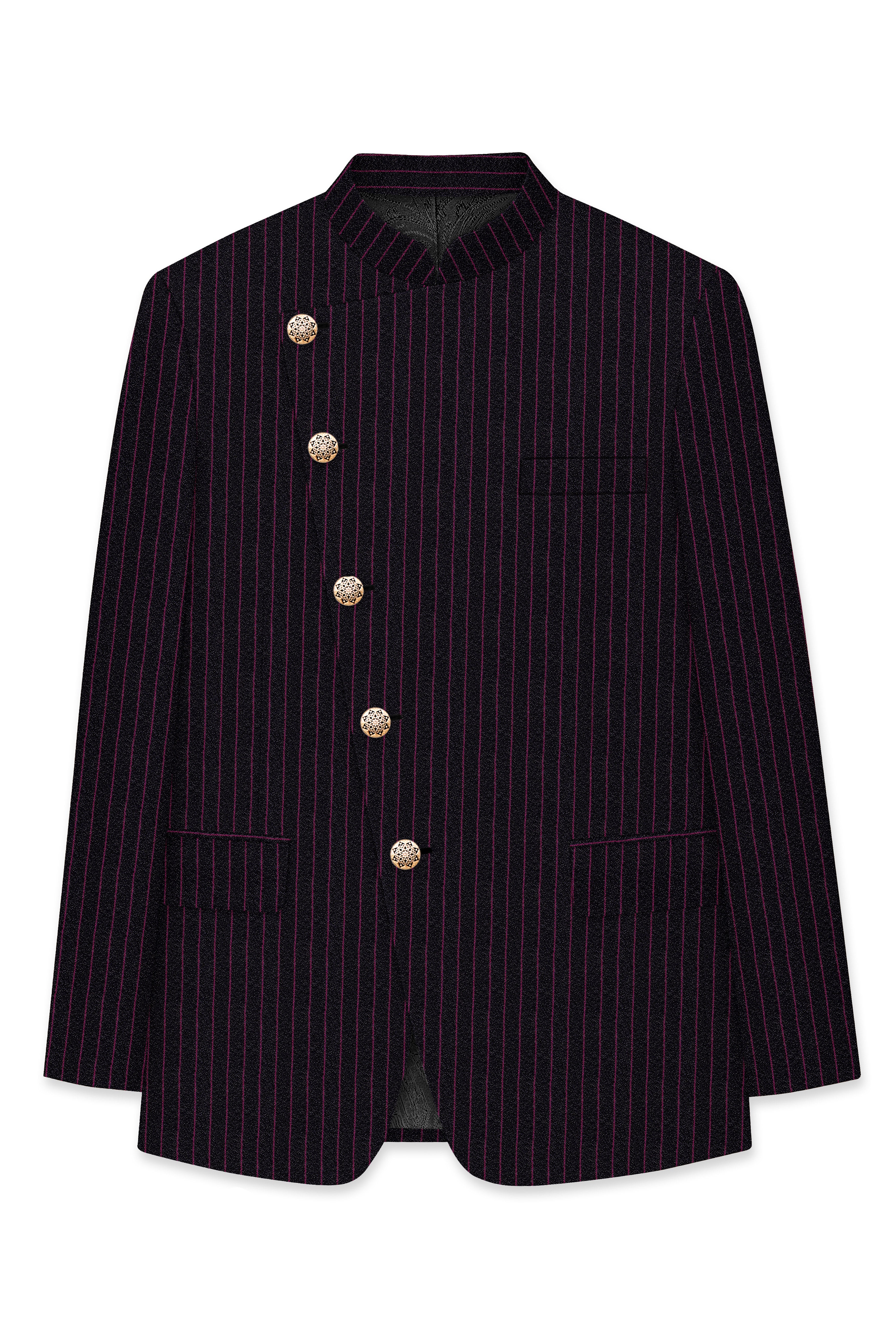 Zeus Black with Dark Mauve Pink Striped Cross Placket Bandhgala Suit