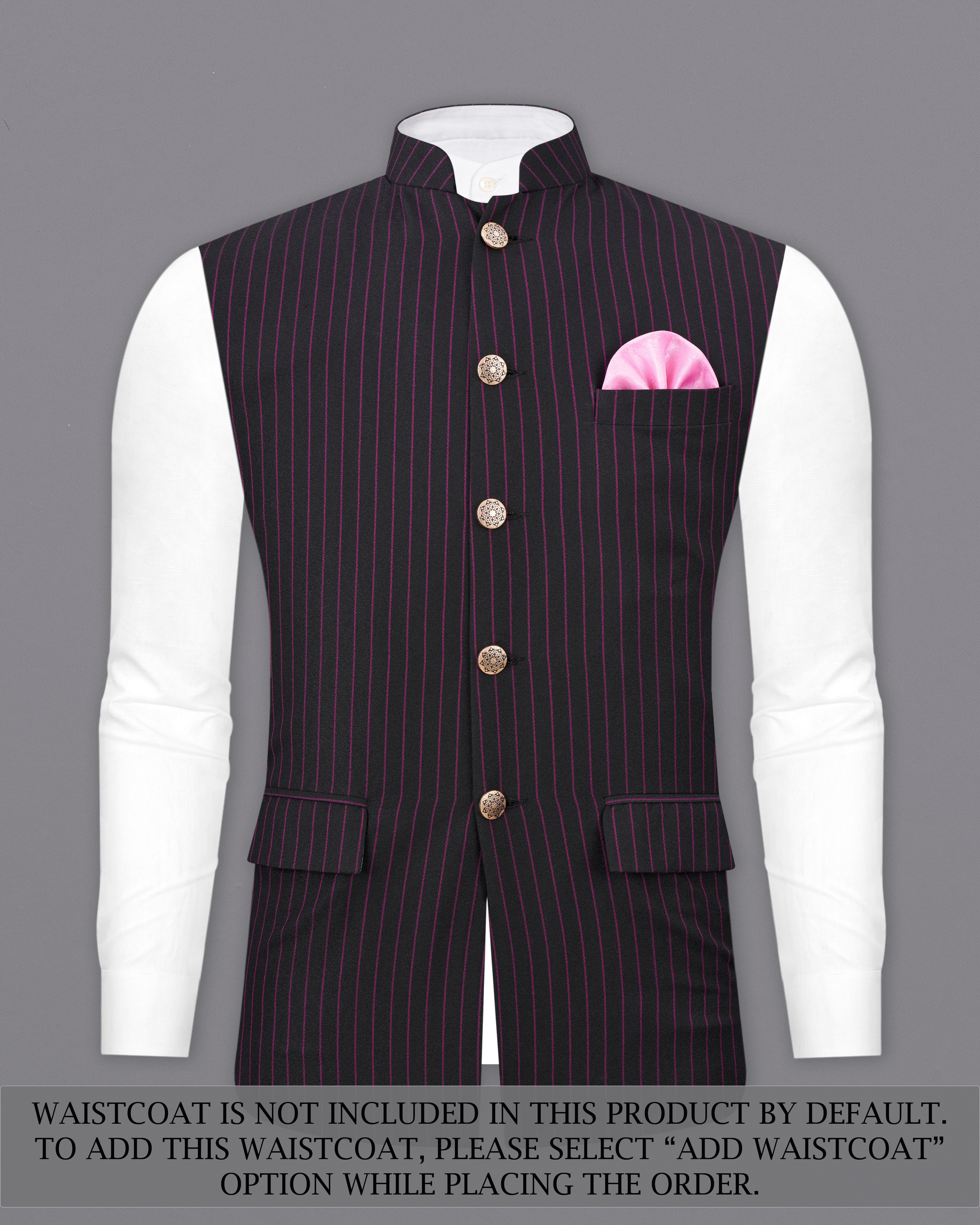 Zeus Black with Dark Mauve Pink Striped Cross Placket Bandhgala Suit