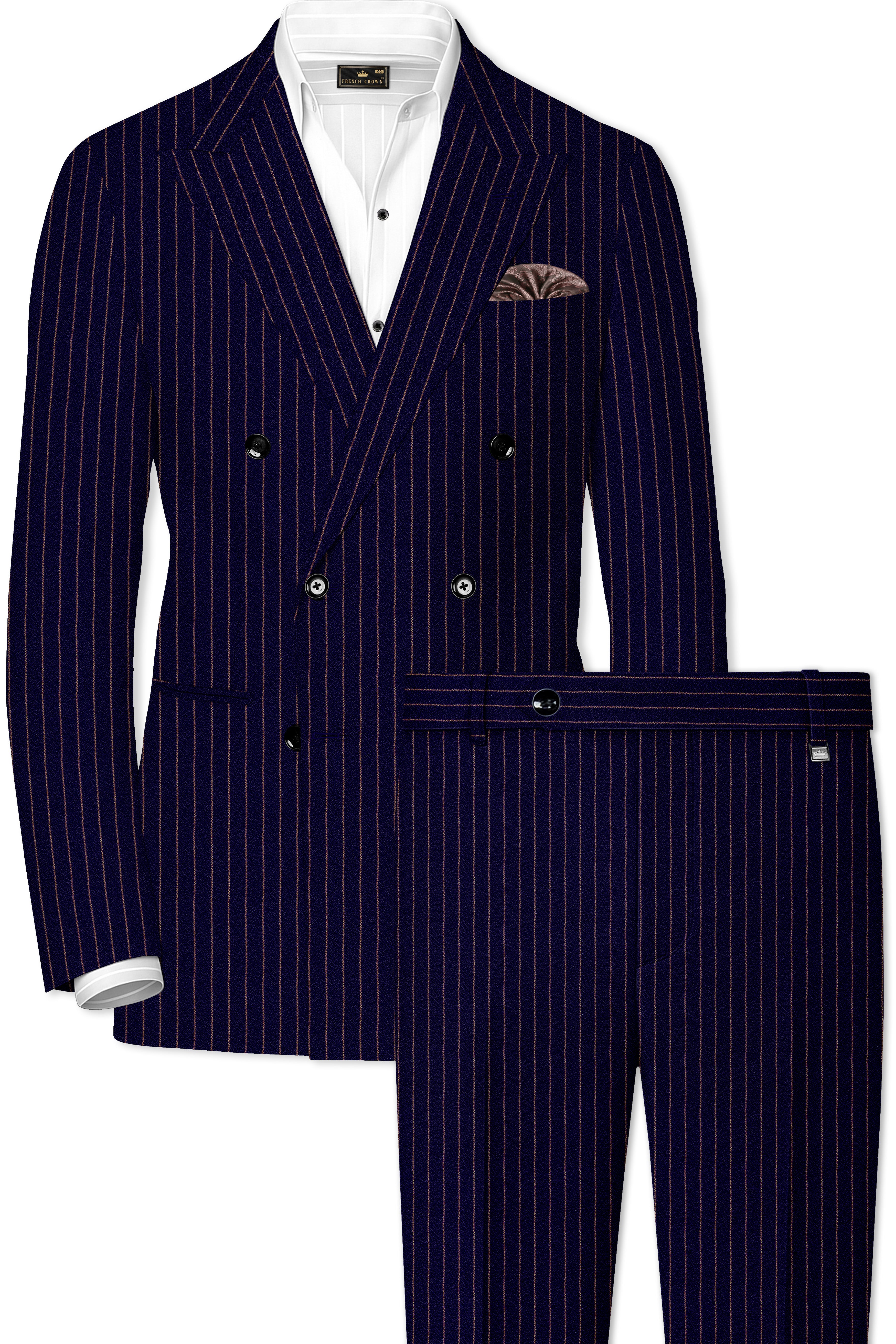 Tuna Navy Blue with Coral Reef Brown Striped Double-Breasted Suit