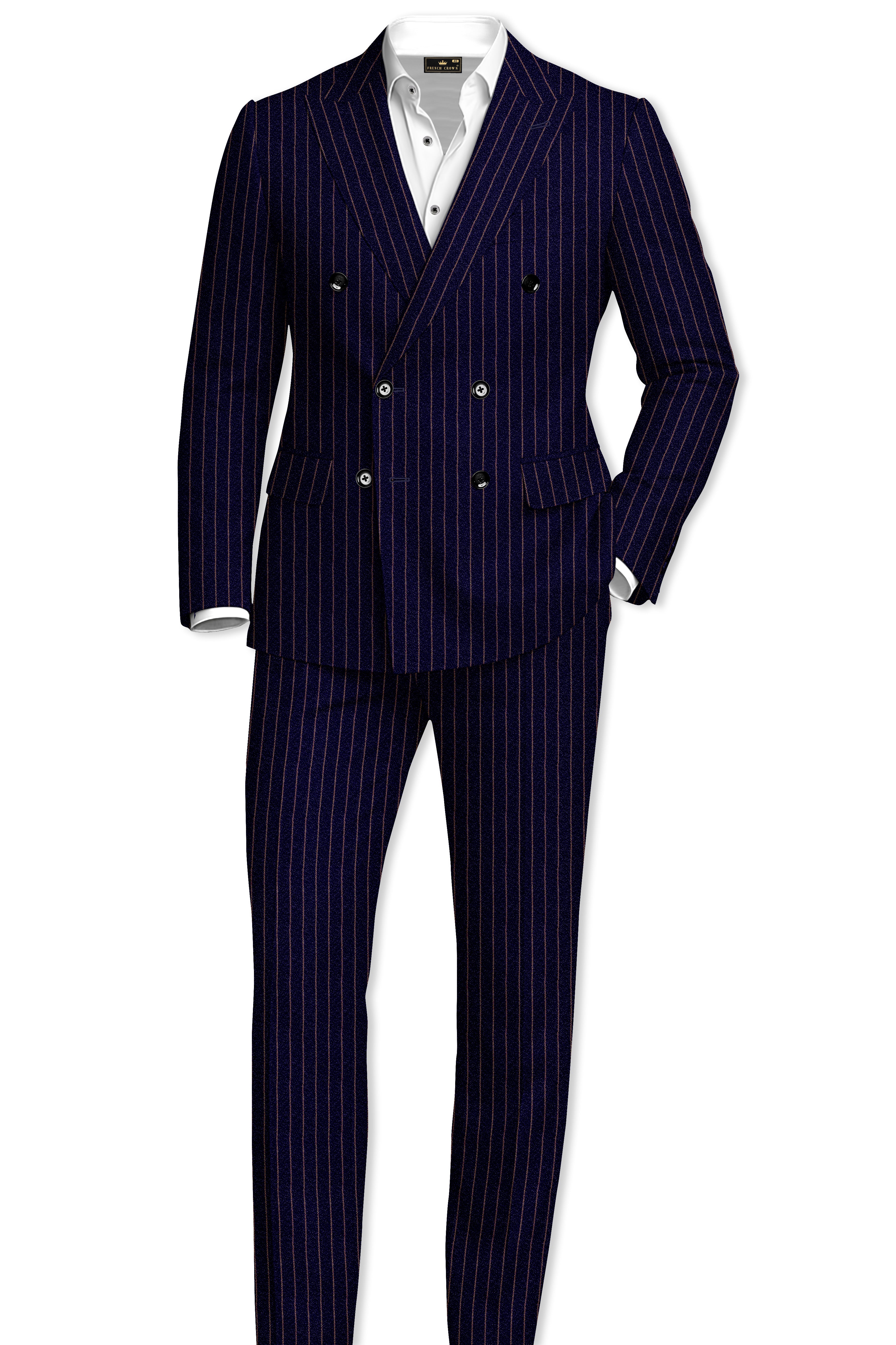 Tuna Navy Blue with Coral Reef Brown Striped Double-Breasted Suit