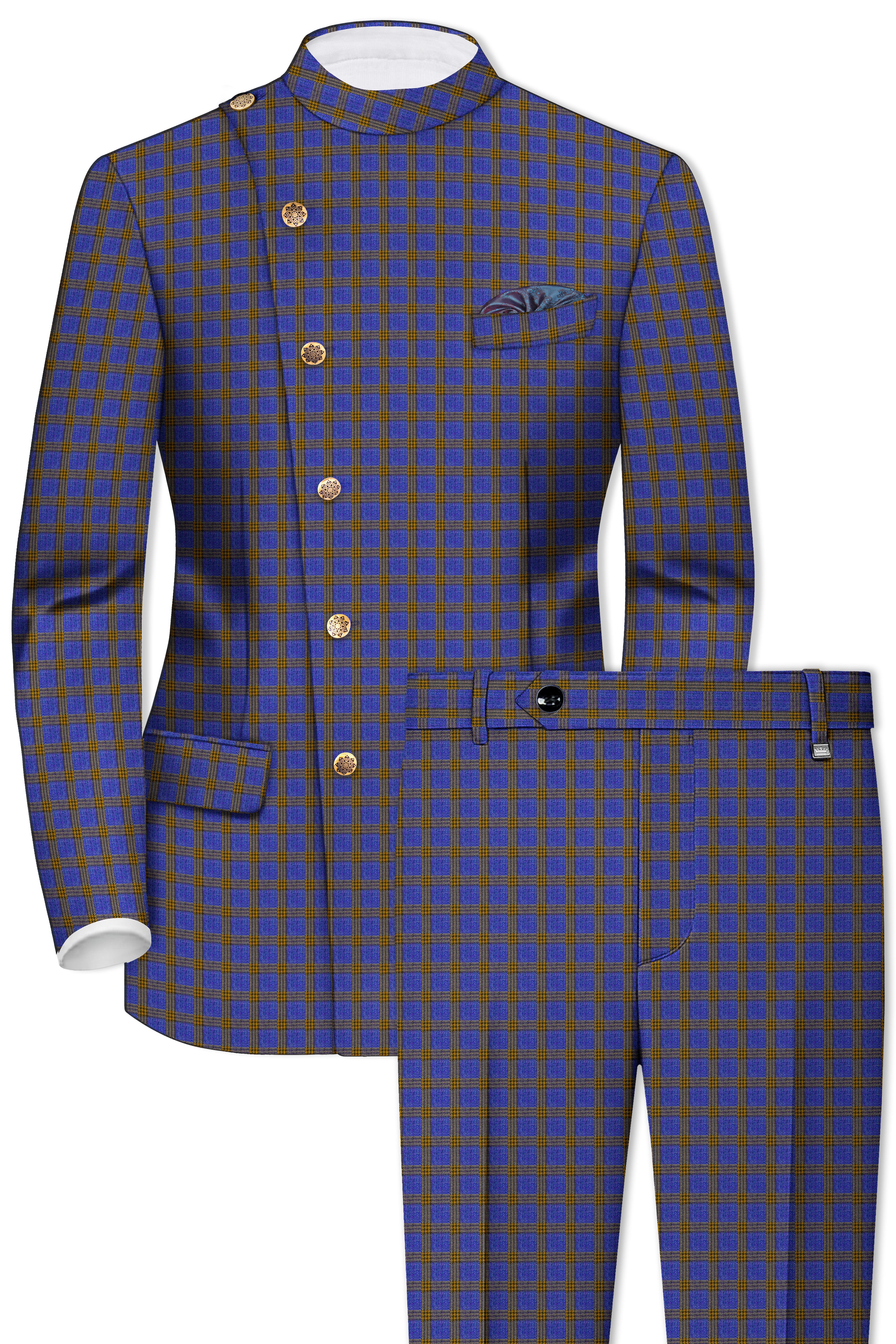 Twilight Blue with Alpine Brown Plaid Cross Placket Bandhgala Suit
