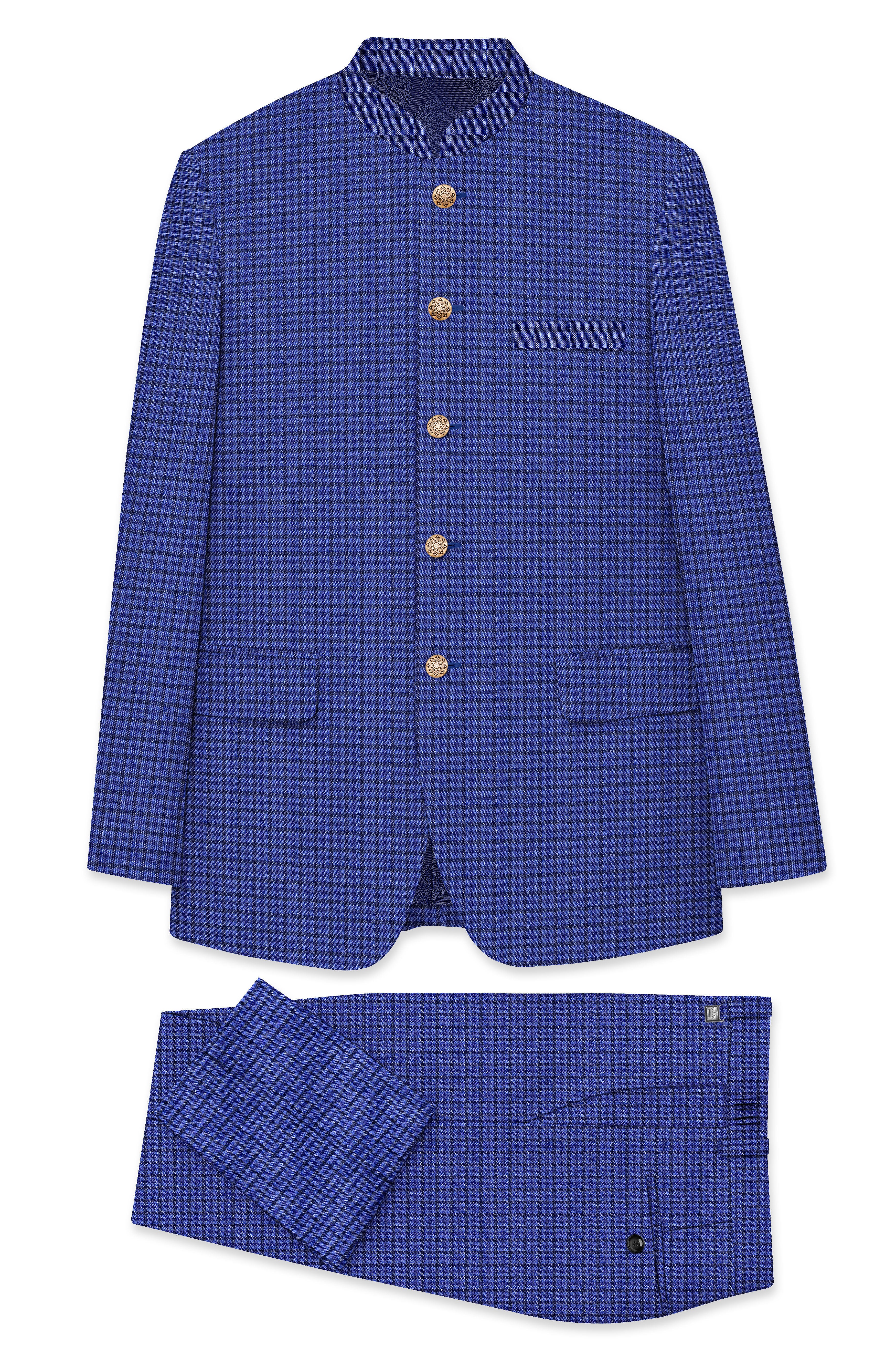 Victoria Blue Gingham Checkered Bandhgala Suit