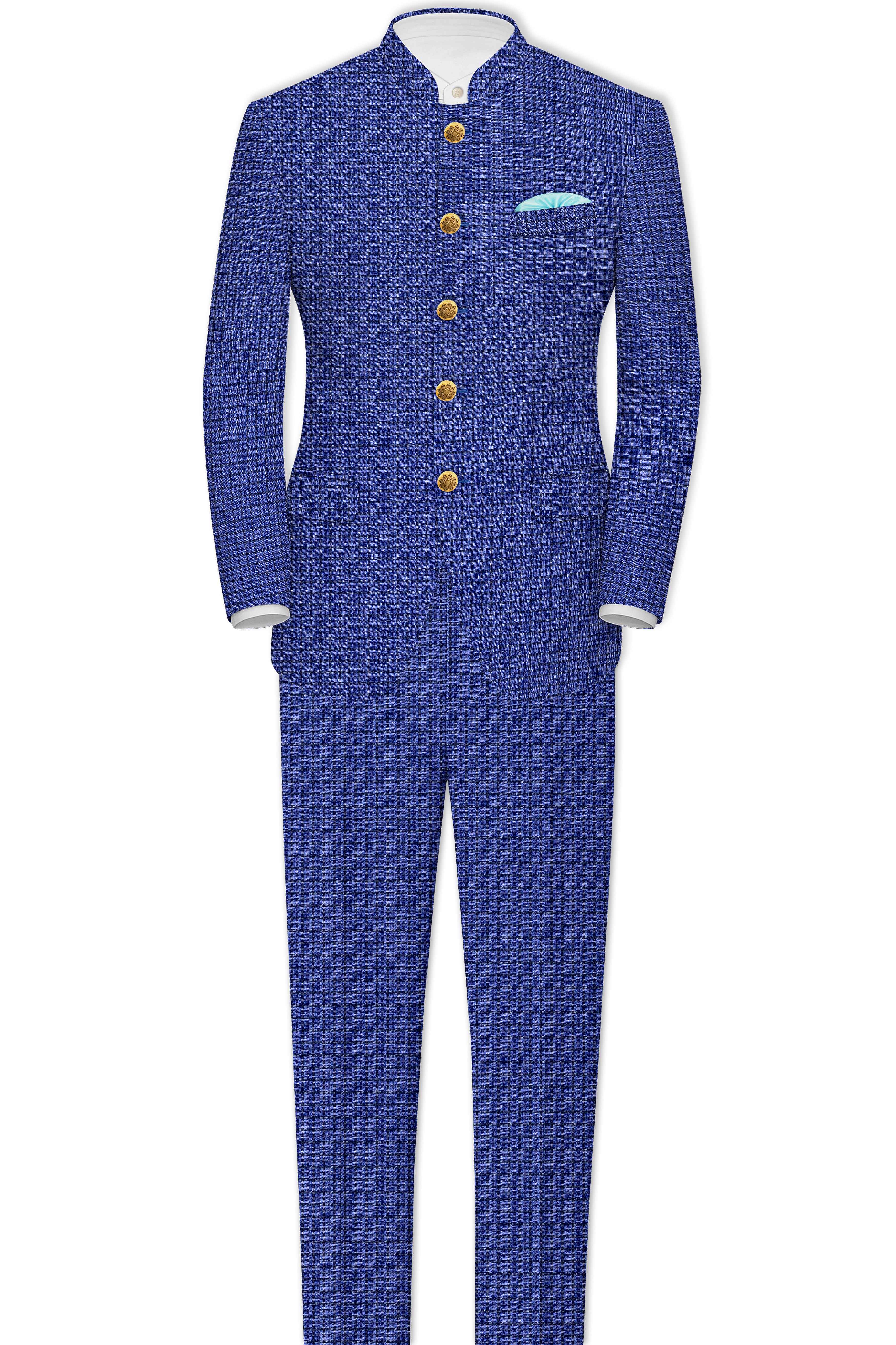 Victoria Blue Gingham Checkered Bandhgala Suit