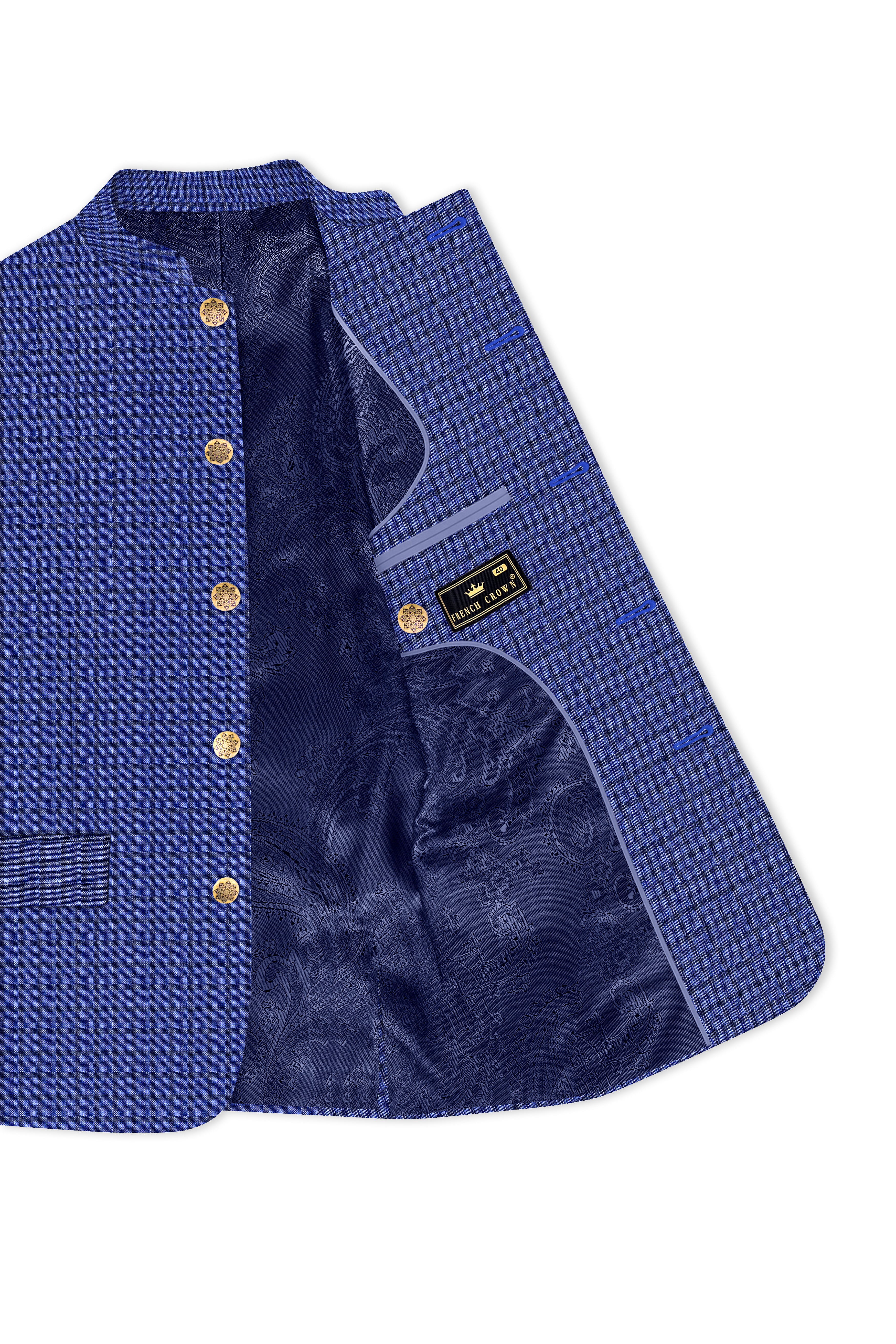 Victoria Blue Gingham Checkered Bandhgala Suit