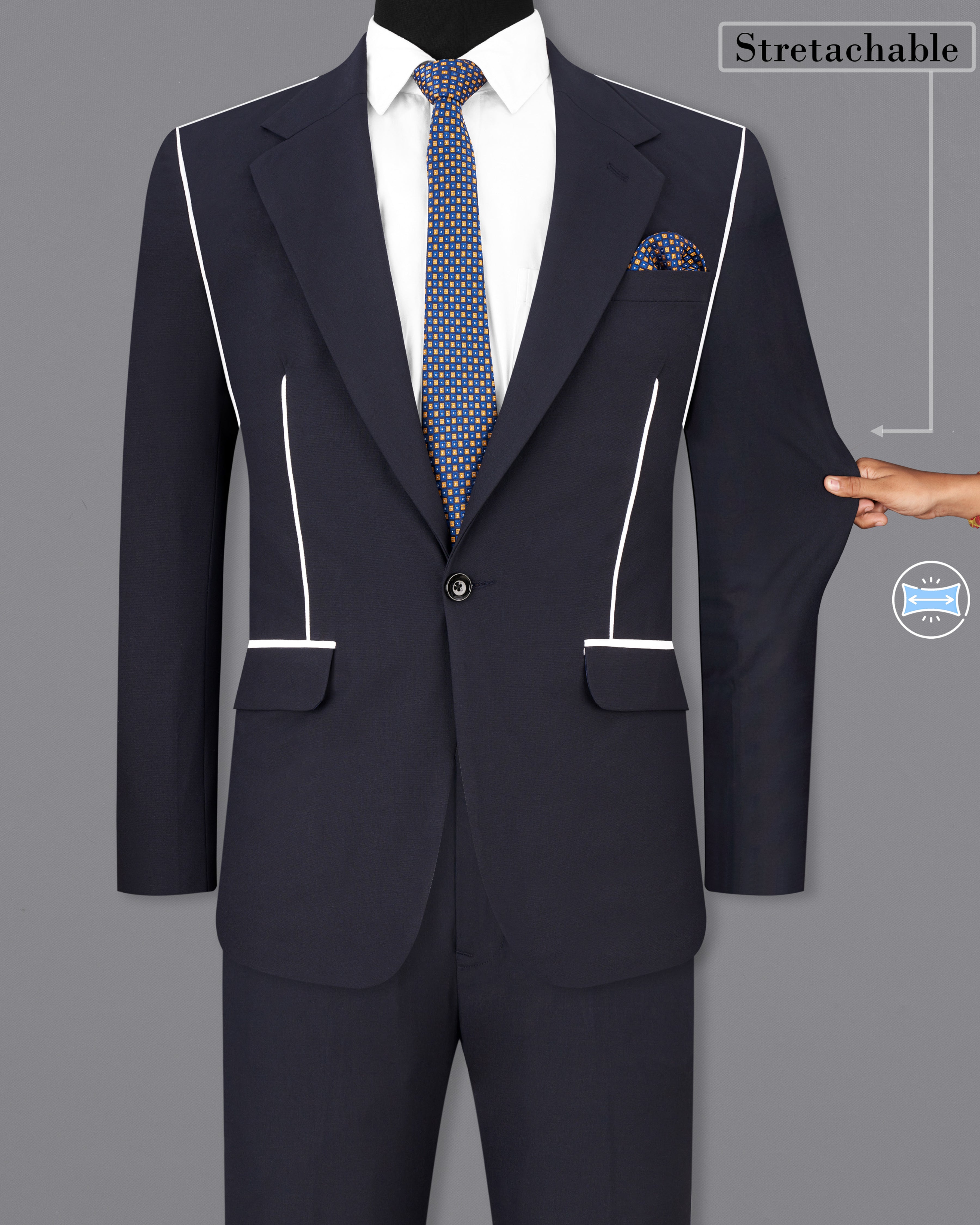 Thunder Blue with White Piping Work Single Breasted Stretchable Designer Traveler Suit