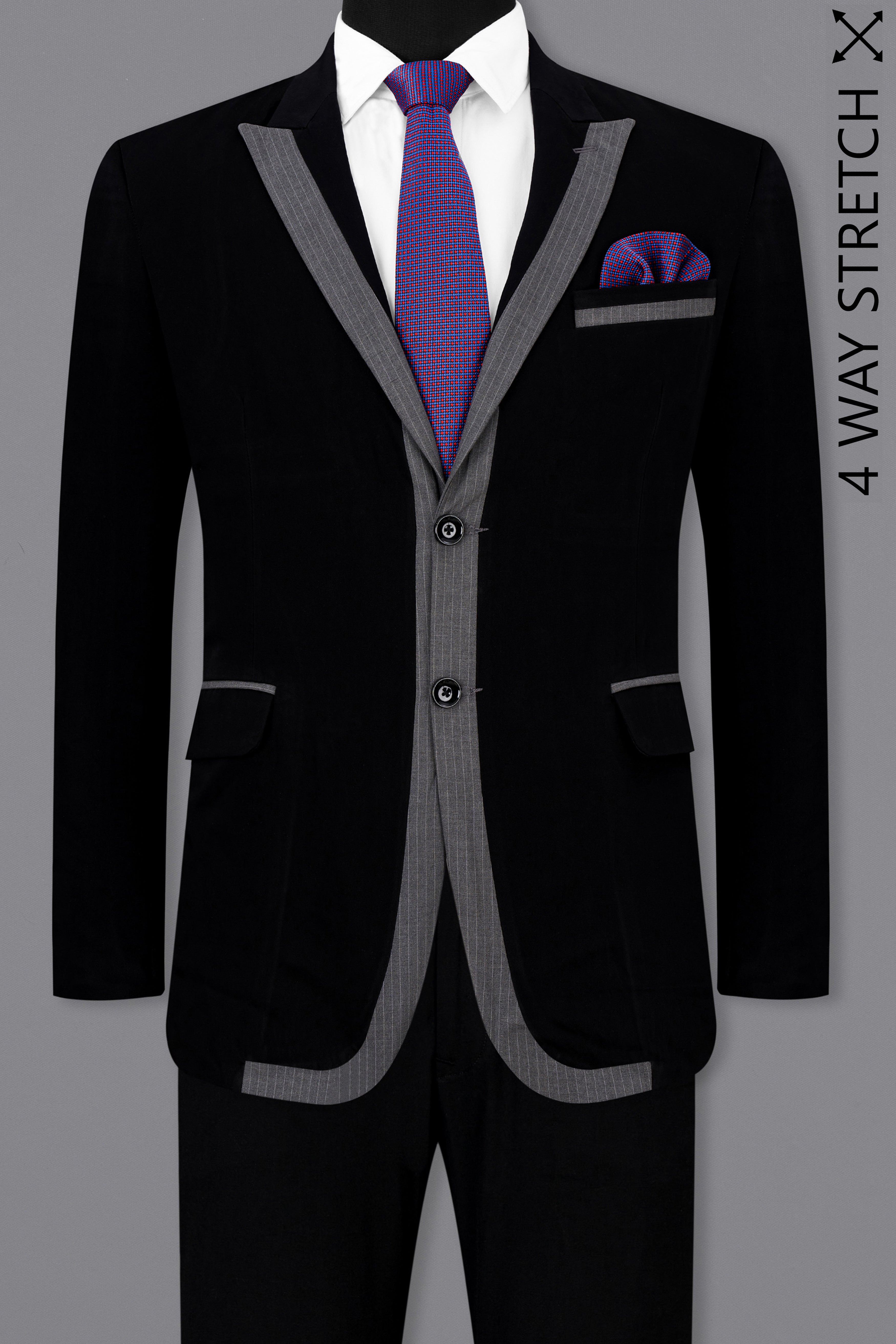 Noirex-Korean Black ( The Best Black We Have ) with Gray 4-Way Stretch Single Breasted Designer Suit