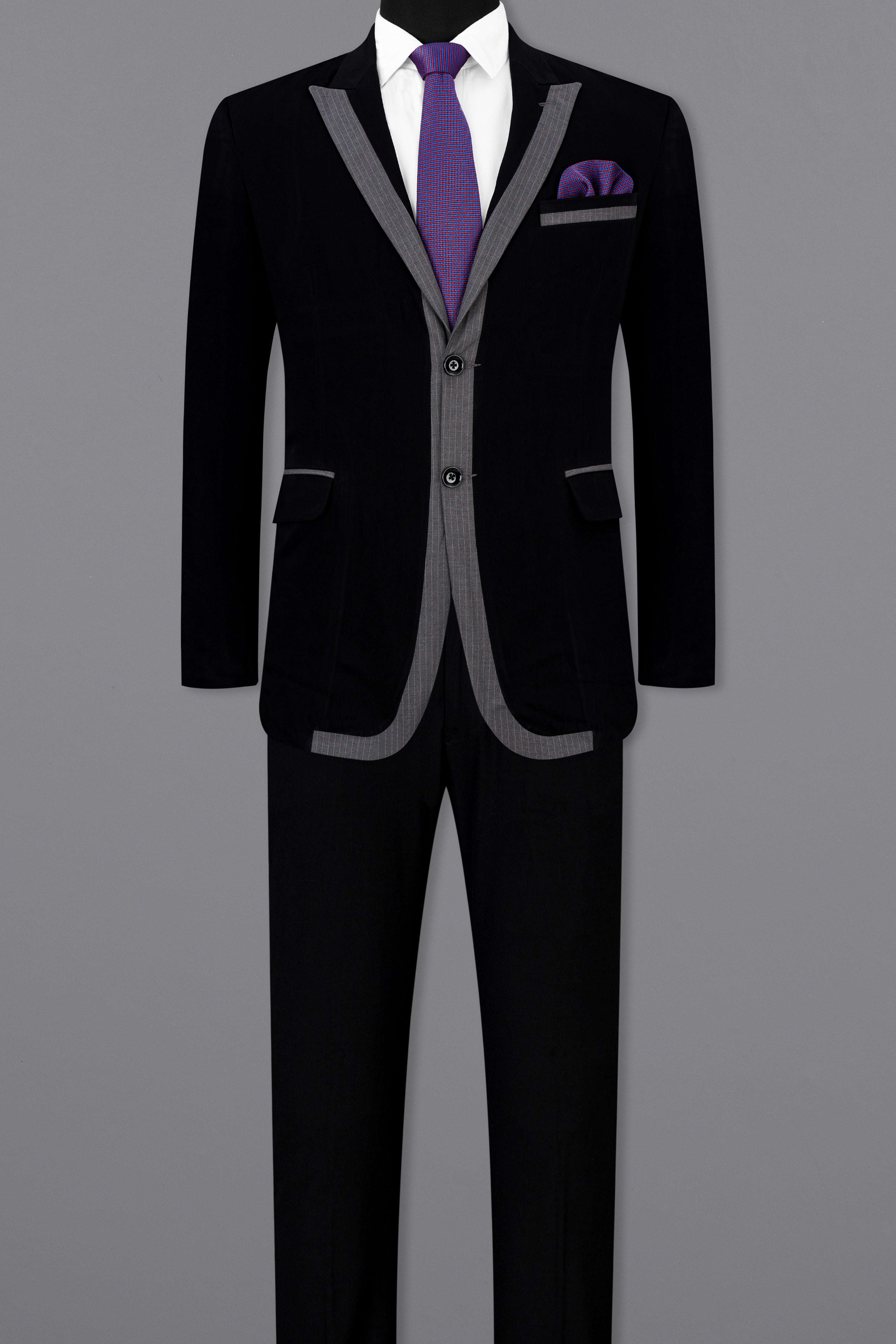 Noirex-Korean Black ( The Best Black We Have ) with Gray 4-Way Stretch Wrinkle-Free Single Breasted Designer Suit