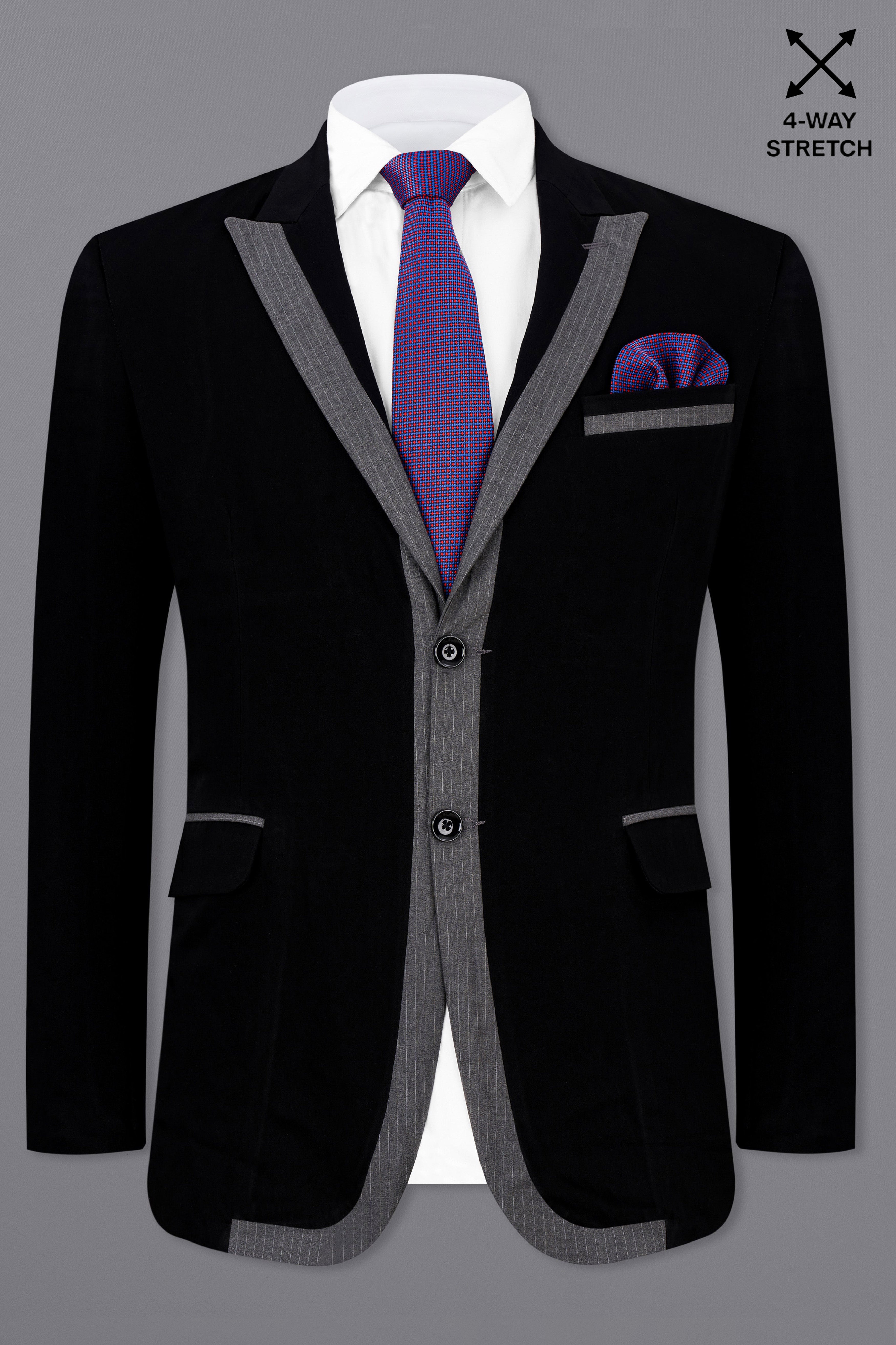 Noirex-Korean Black ( The Best Black We Have ) with Gray 4-Way Stretch Wrinkle-Free Single Breasted Designer Suit