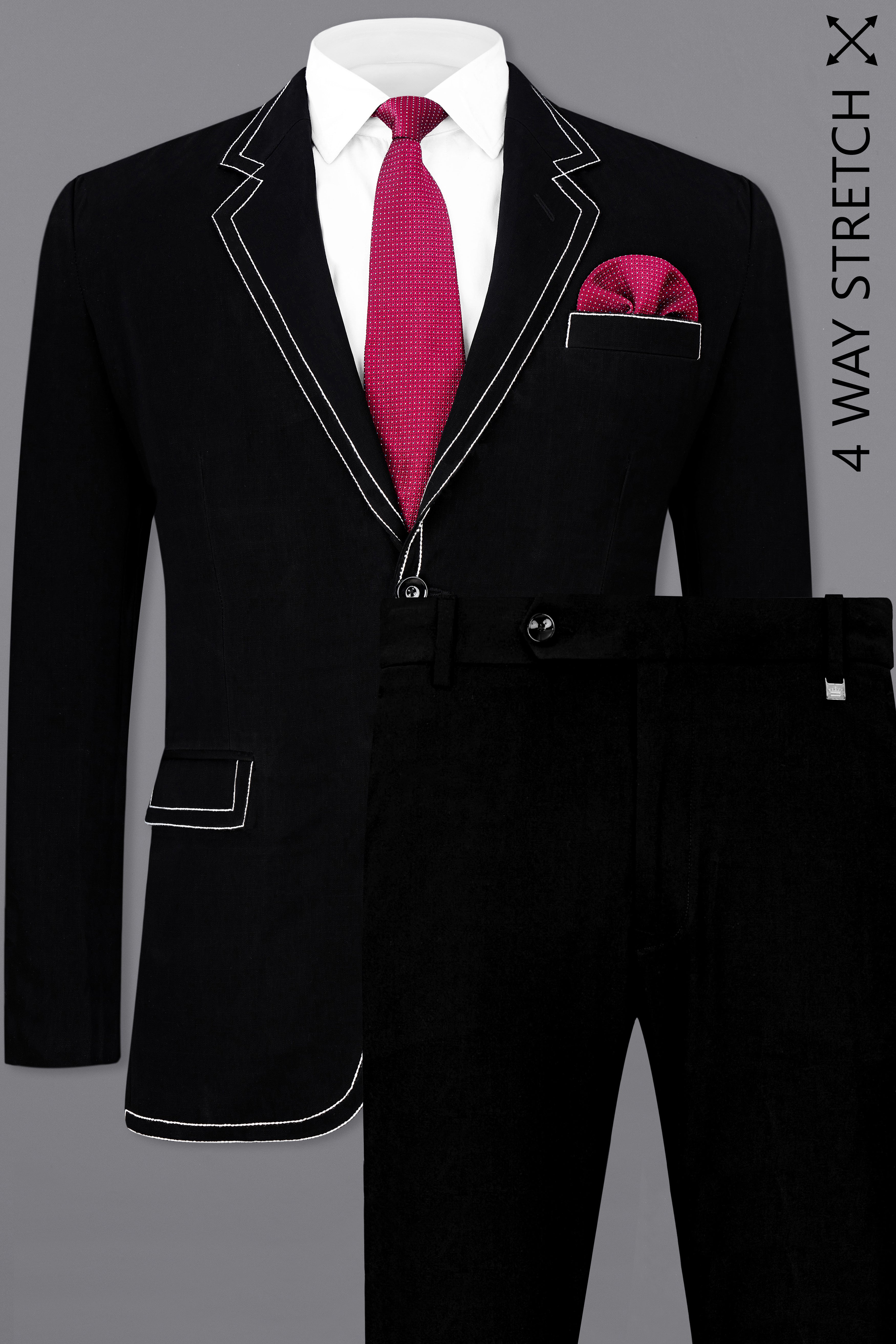 Korean Black ( The Best Black We Have ) with White Threadwork Designer 4-Way Stretch Suit