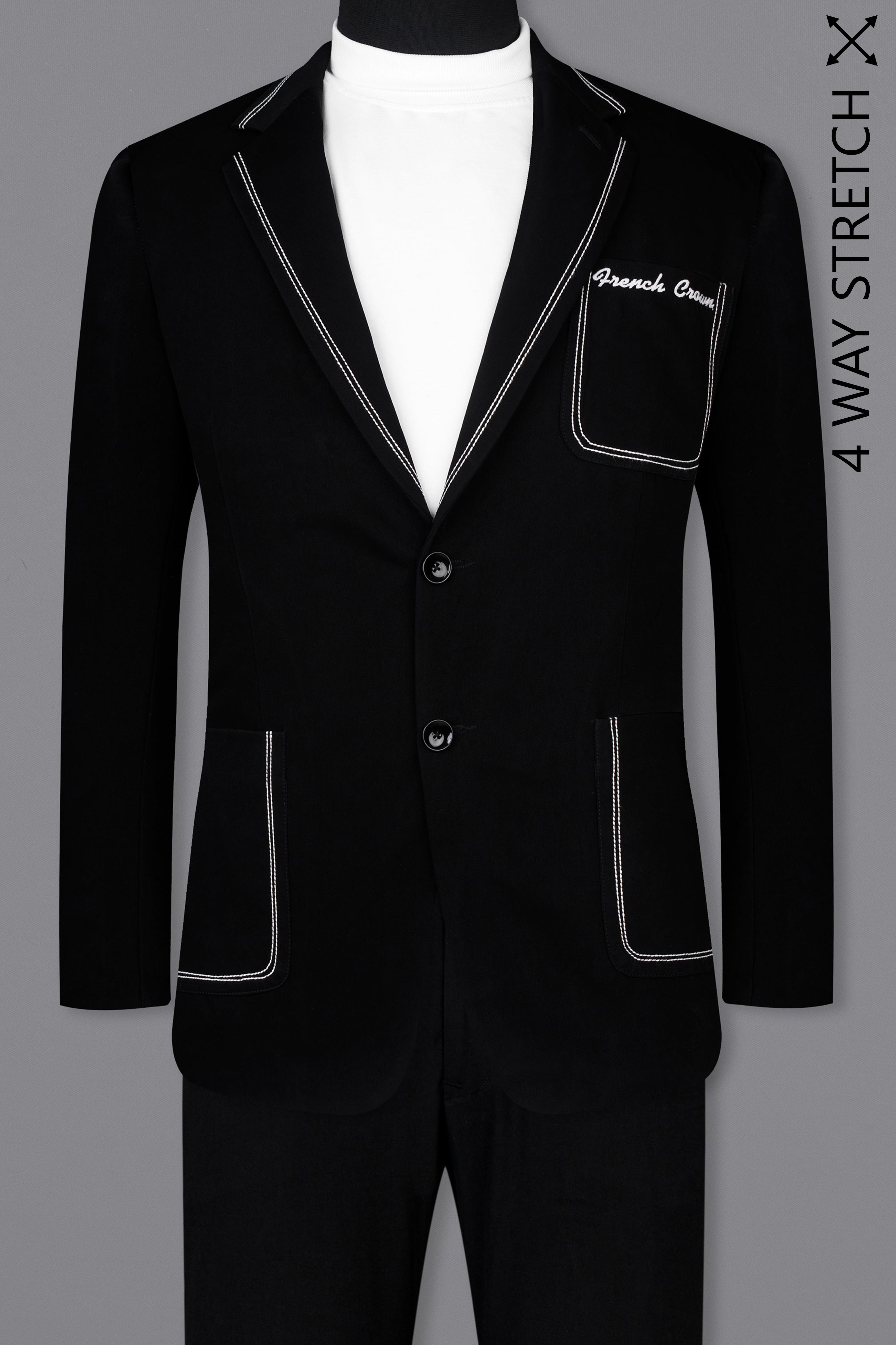 Korean Black ( The Best Black We Have ) Embroidered 4-Way Stretch Single Breasted Designer Signature Suit