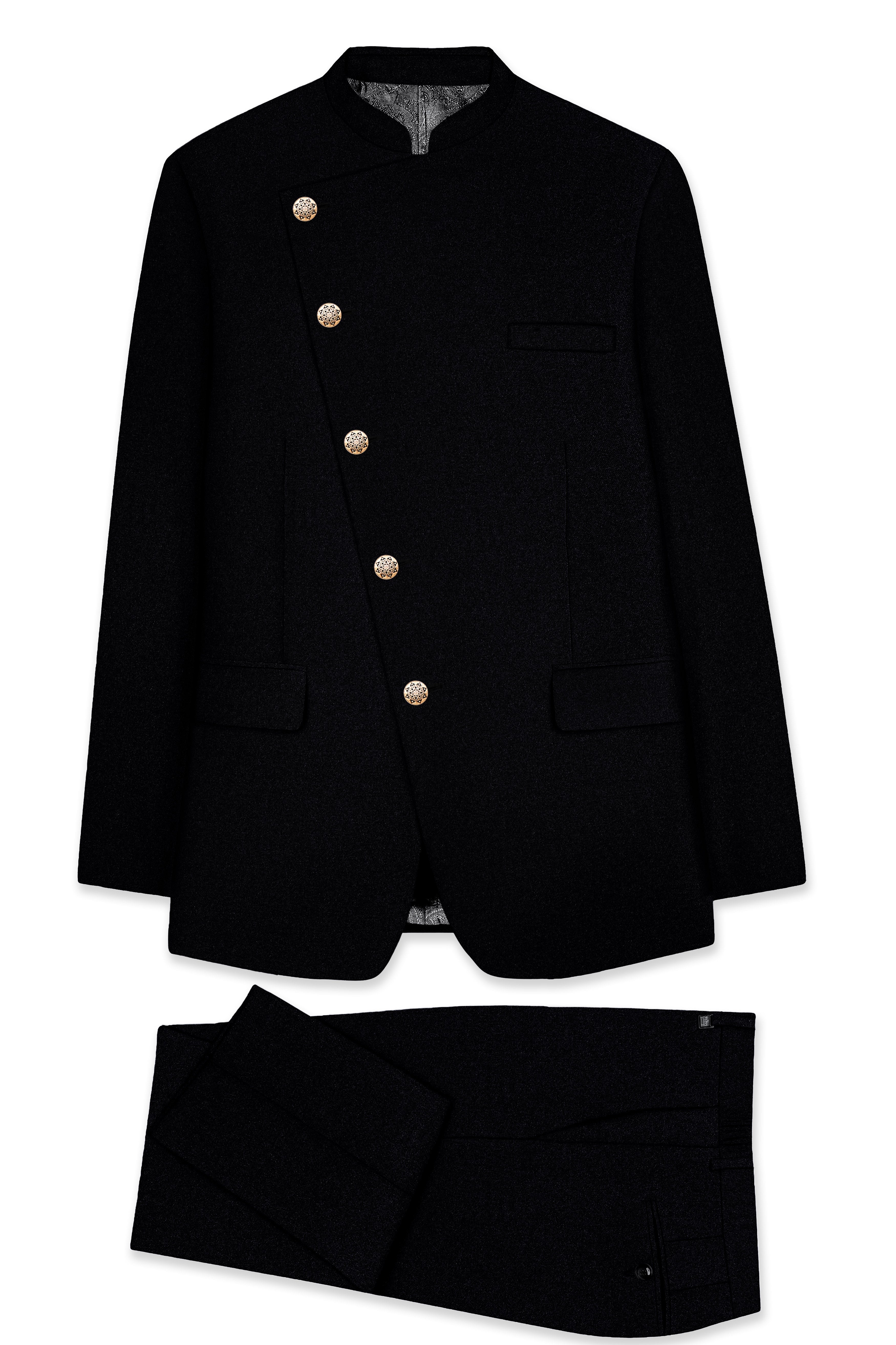 Noirex-Korean Black (The Best Black We Have) Cross Placket 4-Way Stretch Wrinkle-Free Fluid Drape Fabric Bandhgala Suit