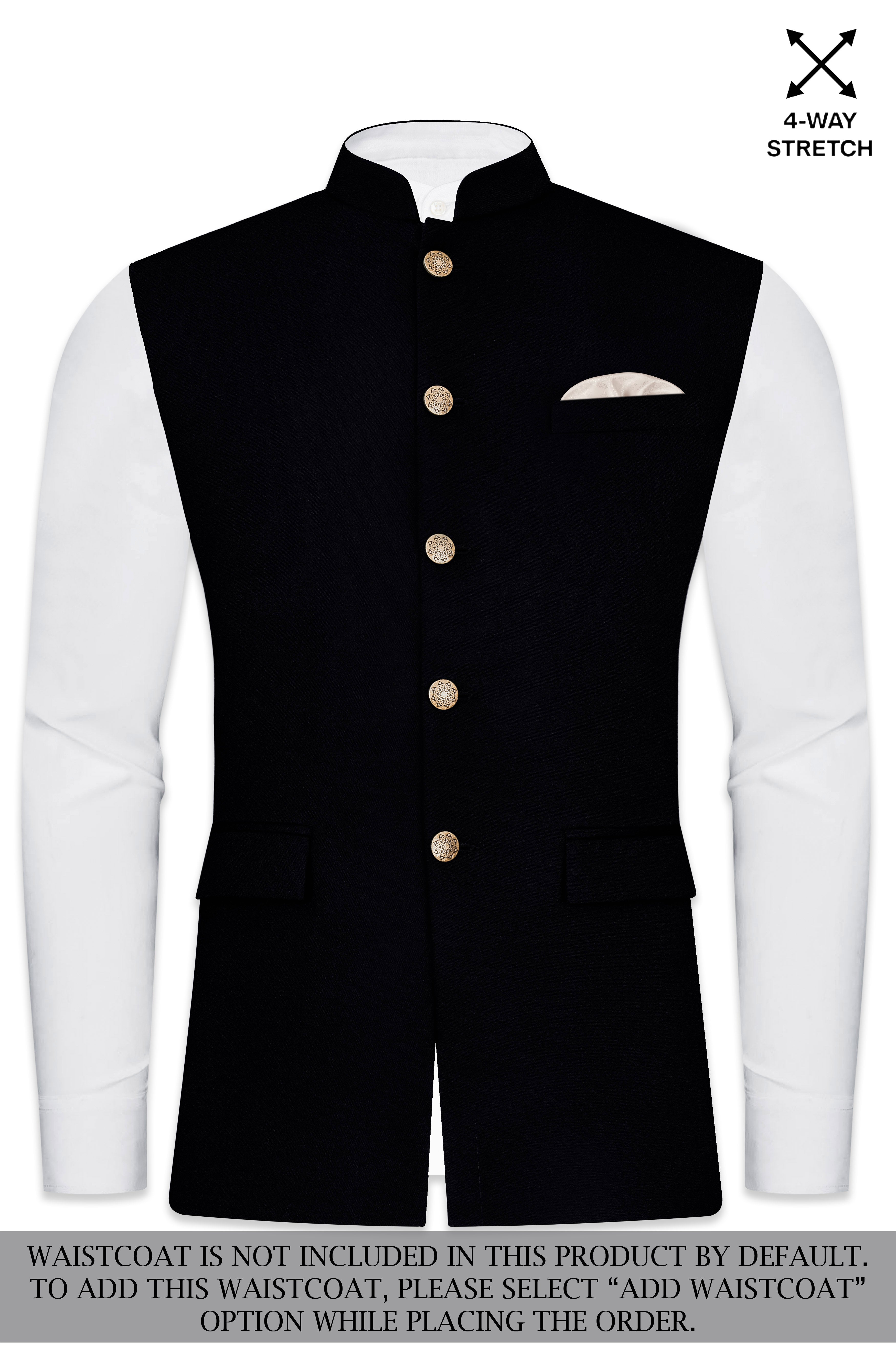 Noirex-Korean Black (The Best Black We Have) Cross Placket 4-Way Stretch Wrinkle-Free Fluid Drape Fabric Bandhgala Suit