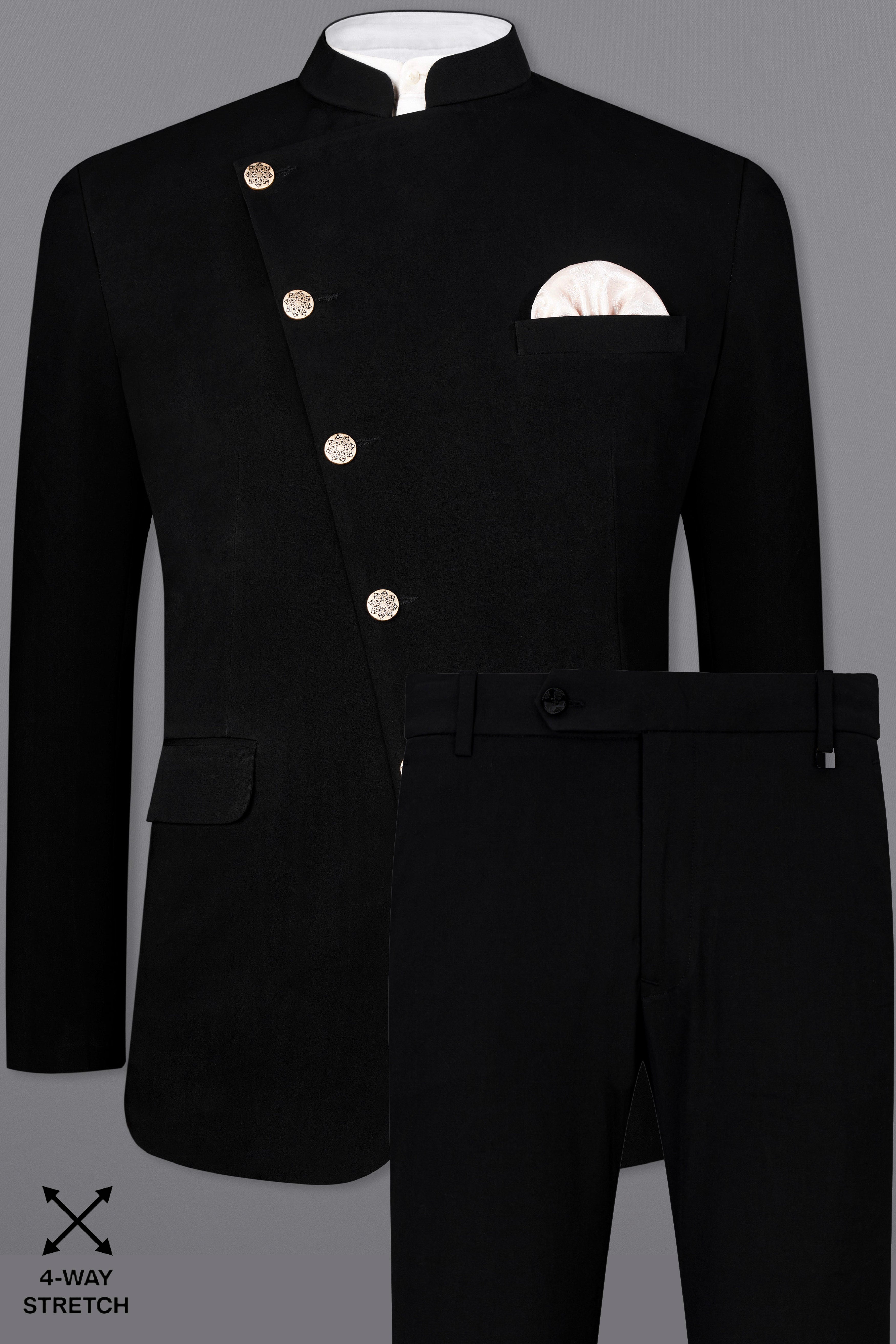 Korean Black (The Best Black We Have) Cross Placket 4-Way Stretch Bandhgala Suit