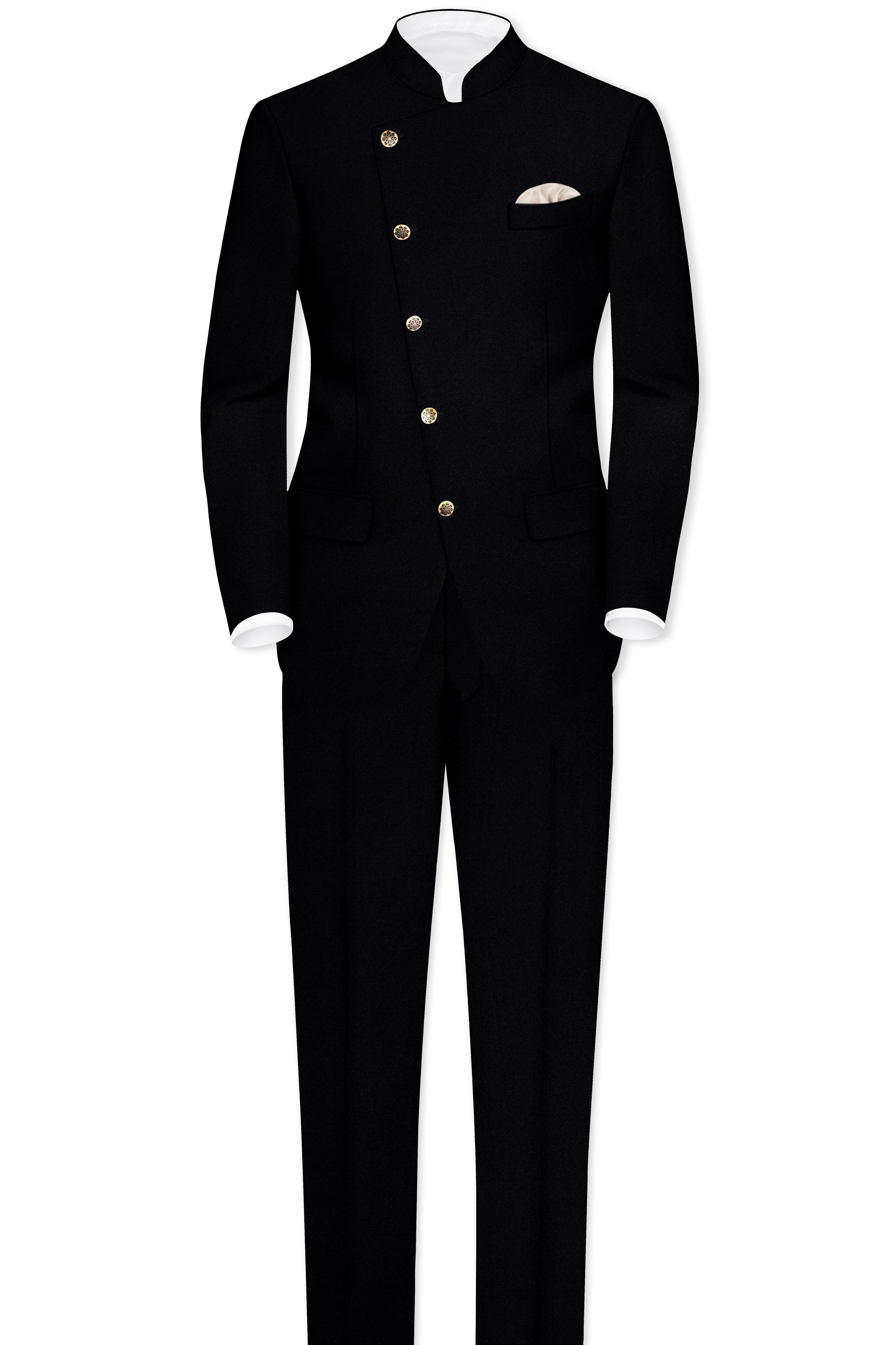 Noirex-Korean Black (The Best Black We Have) Cross Placket 4-Way Stretch Wrinkle-Free Fluid Drape Fabric Bandhgala Suit